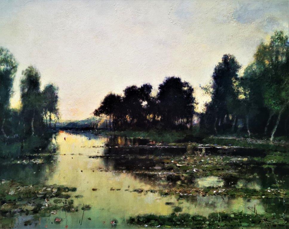 Karl Heffner Landscape Painting - " A Twilight River Landscape", original oil  circa 1895, impressionist style