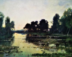 « Paysage fluvial au crépuscule », huile sur toile CIRCA 1895, style impressionniste