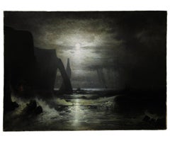 French coastal scene of Étretat at moonlight by Karl Heilmayer dated 1898