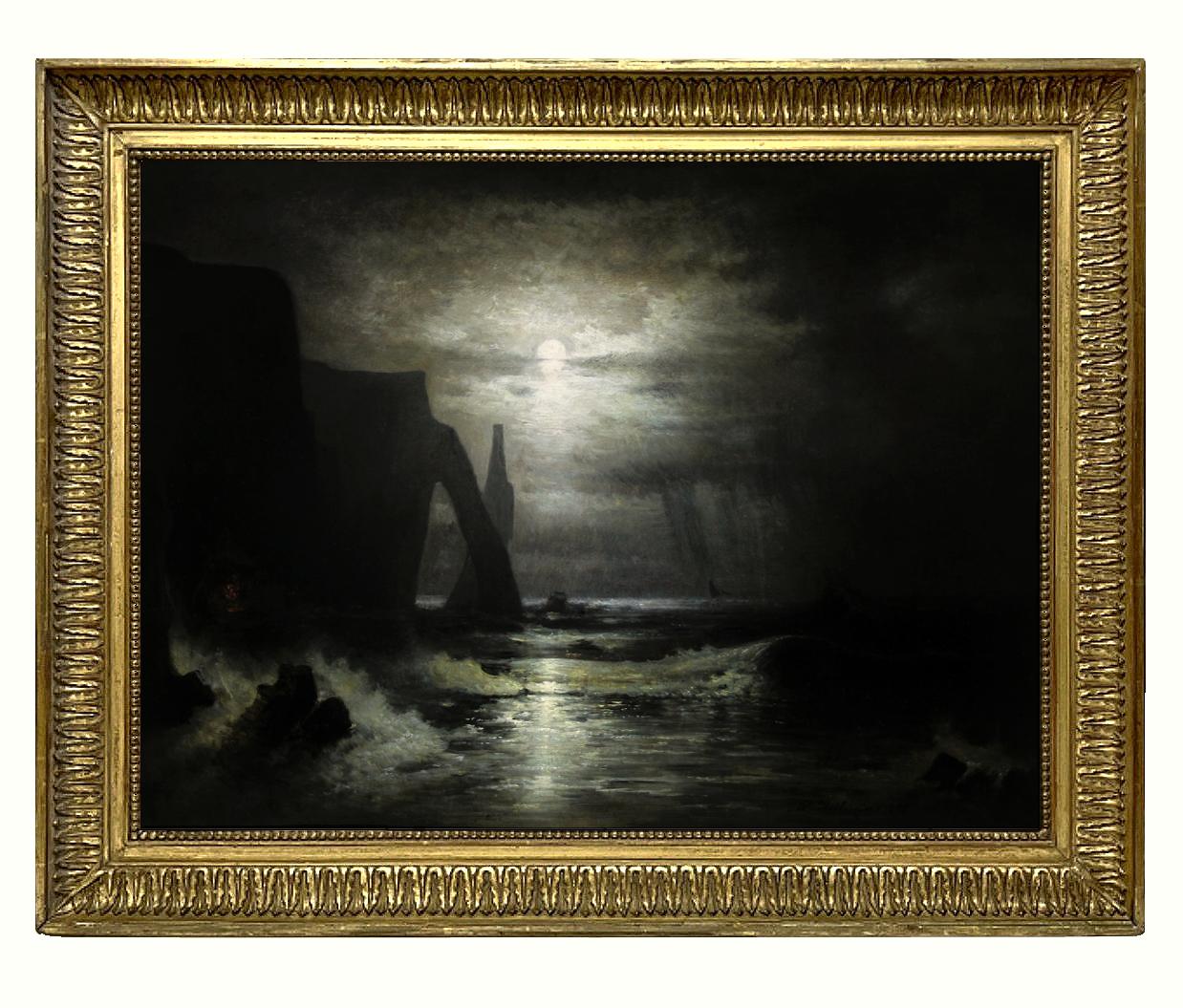 Französische Küstenszene von Étretat bei Mondschein von Karl Heilmayer aus dem Jahr 1898 " OHNE RAHMEN VERKAUFT "

Der gebürtige Münchner Karl Heilmayer, Sohn des Hofschauspielers Emil Heilmayer, besuchte nur kurz die Münchner Akademie, war aber