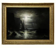 Escena costera francesa de Étretat a la luz de la luna por Karl Heilmayer fechada en 1898