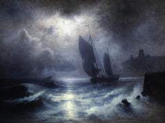 French coastal scene, ship on rough sea at moonlight by Karl Heilmayer ca 1890