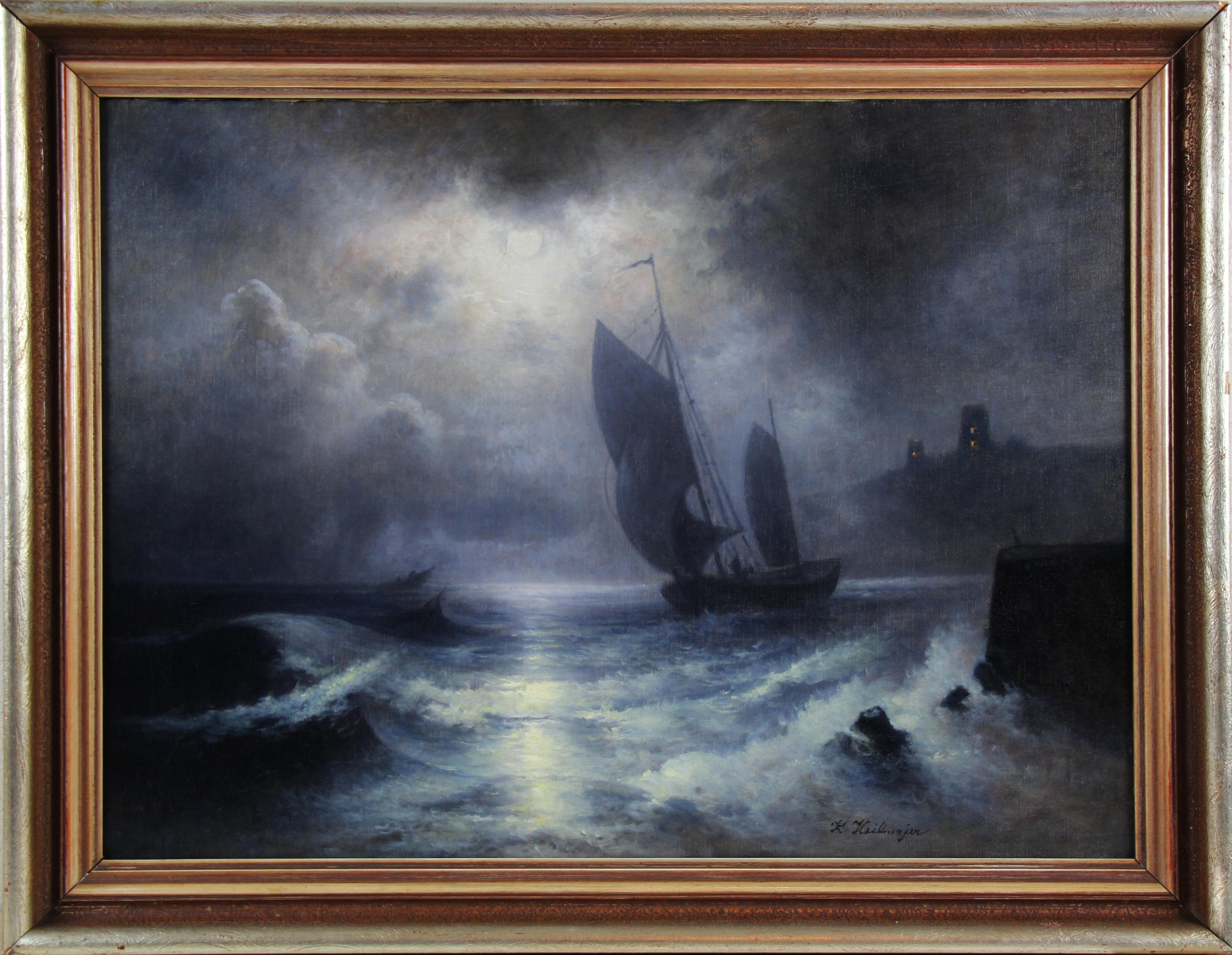 Escena costera francesa barco en mar agitado a la luz de la luna por Karl Heilmayer ca 1890

Nacido en Múnich, Karl Heilmayer, hijo del actor de la corte Emil Heilmayer, asistió sólo brevemente a la Academia de Múnich, pero fue en gran medida