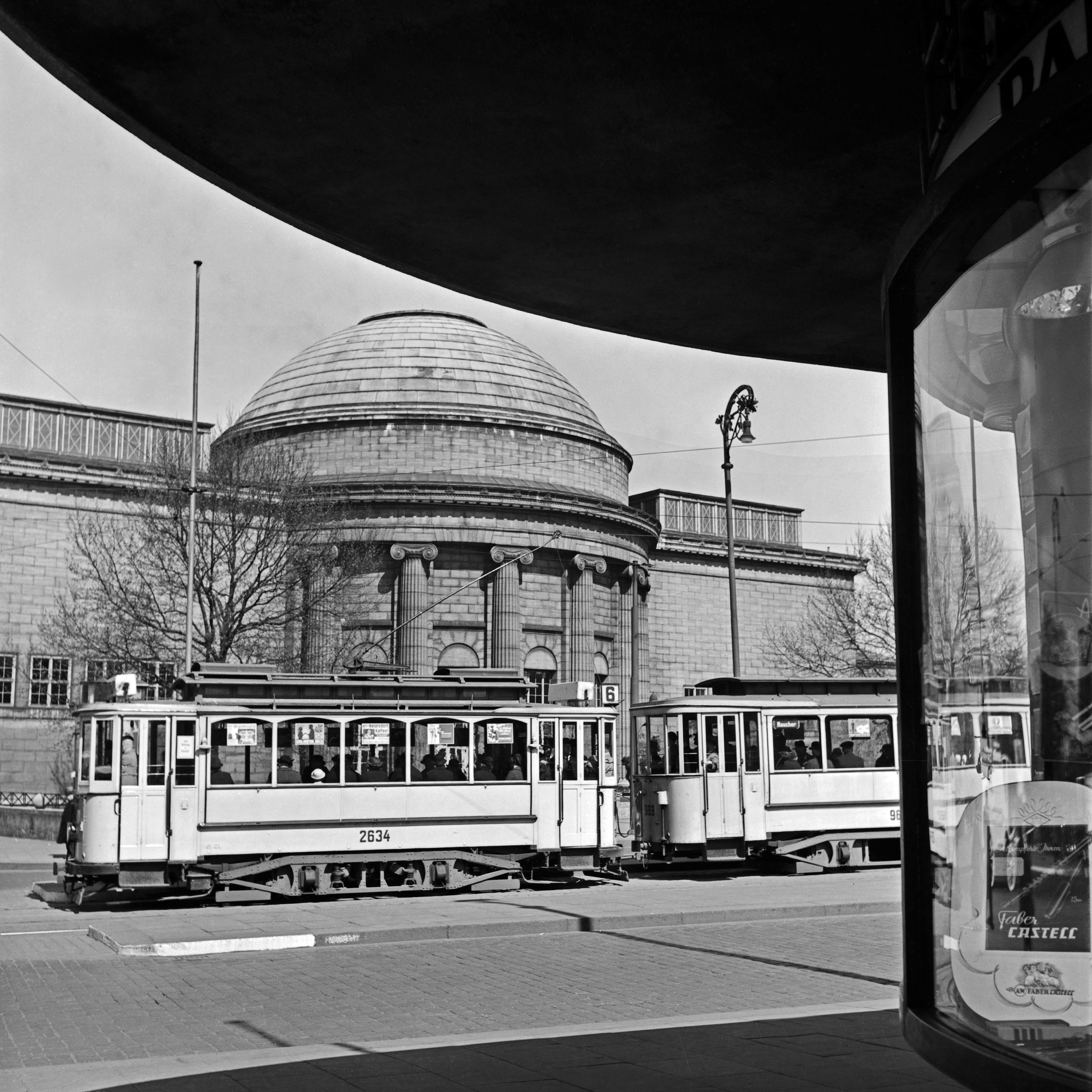 Karl Heinrich Lämmel Black and White Photograph - A tram passes the Kunsthalle at Hamburg, Germany 1938, Printed Later 
