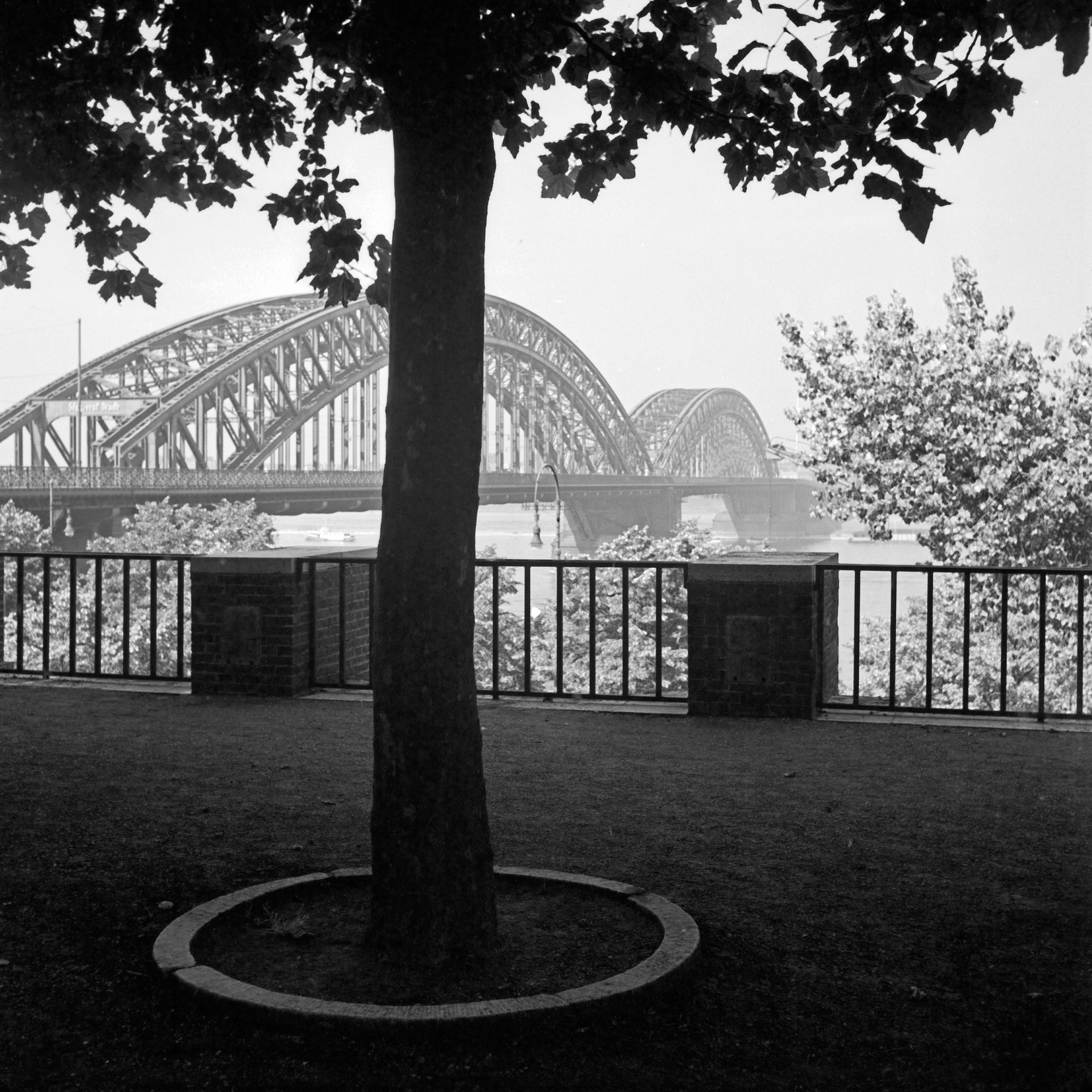 Black and White Photograph di Karl Heinrich Lämmel - Ponte ad arco sul fiume Reno a Duesseldorf, Germania 1937 Stampato successivamente
