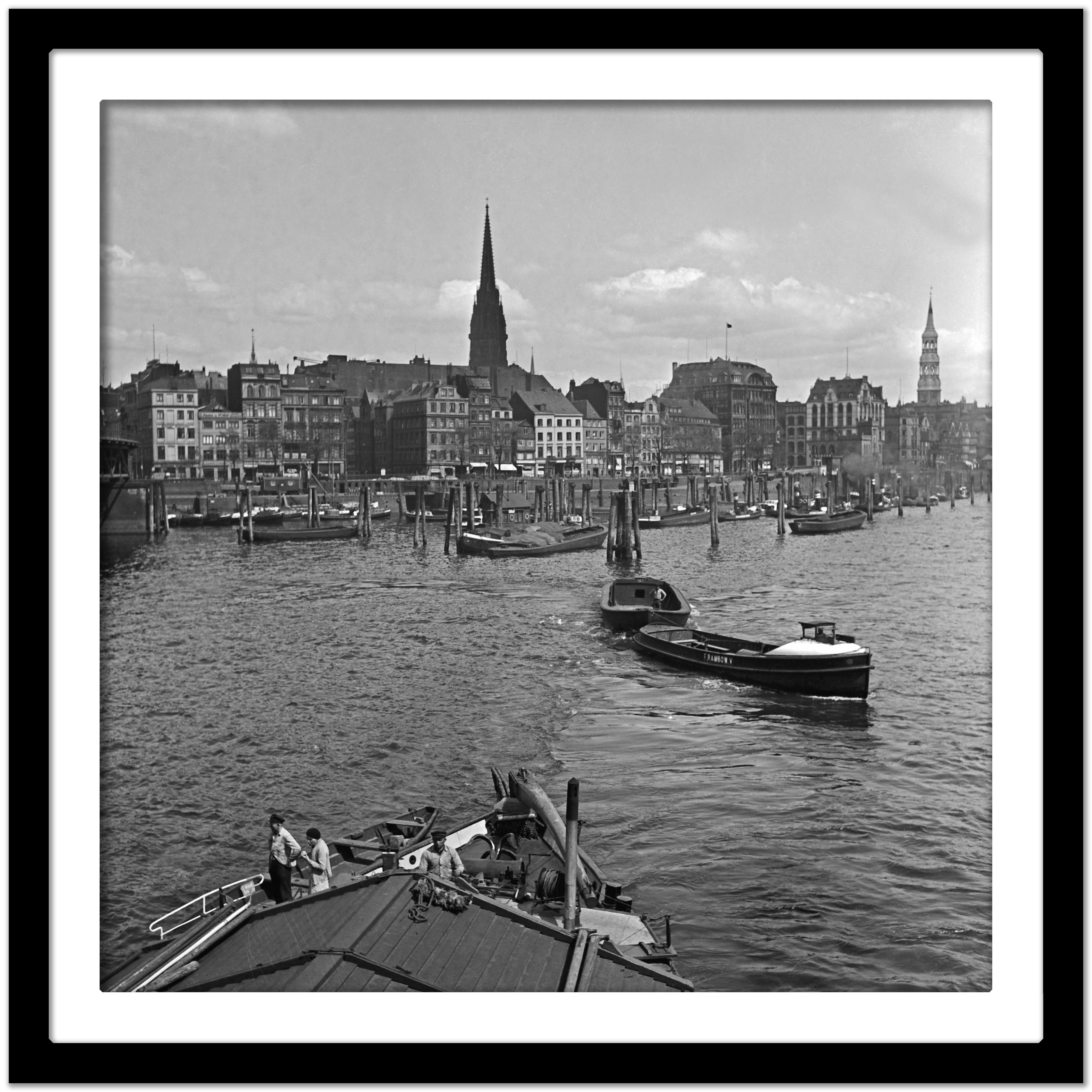 Barges boats at Hamburg harbor to St. Nicolas church Germany 1938 Printed Later  - Modern Photograph by Karl Heinrich Lämmel