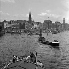 Barges boats at Hamburg harbor to St. Nicolas church Germany 1938 Printed Later 
