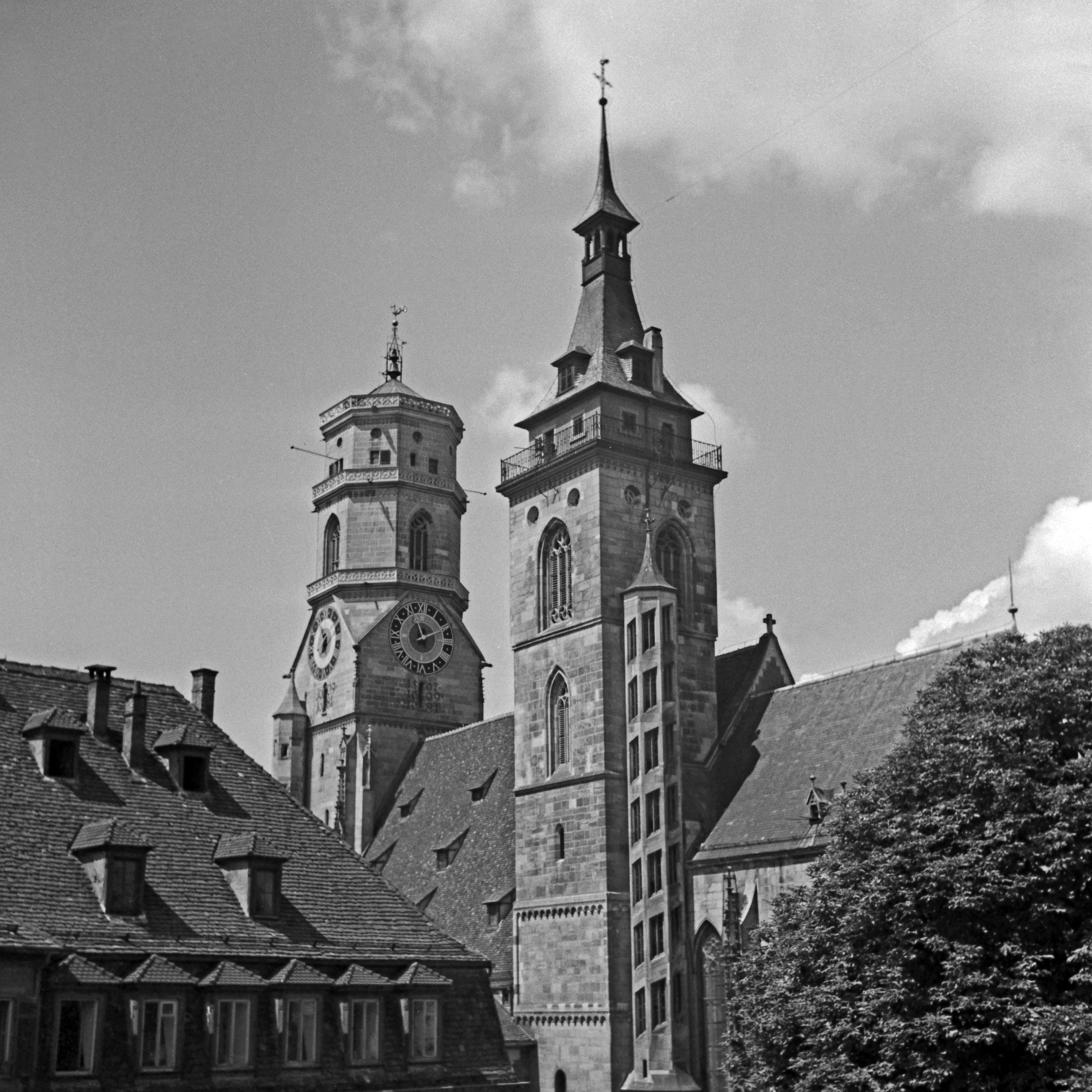 Karl Heinrich Lämmel Black and White Photograph - Belfries of collegiate church at Stuttgart, Germany 1935, Printed Later