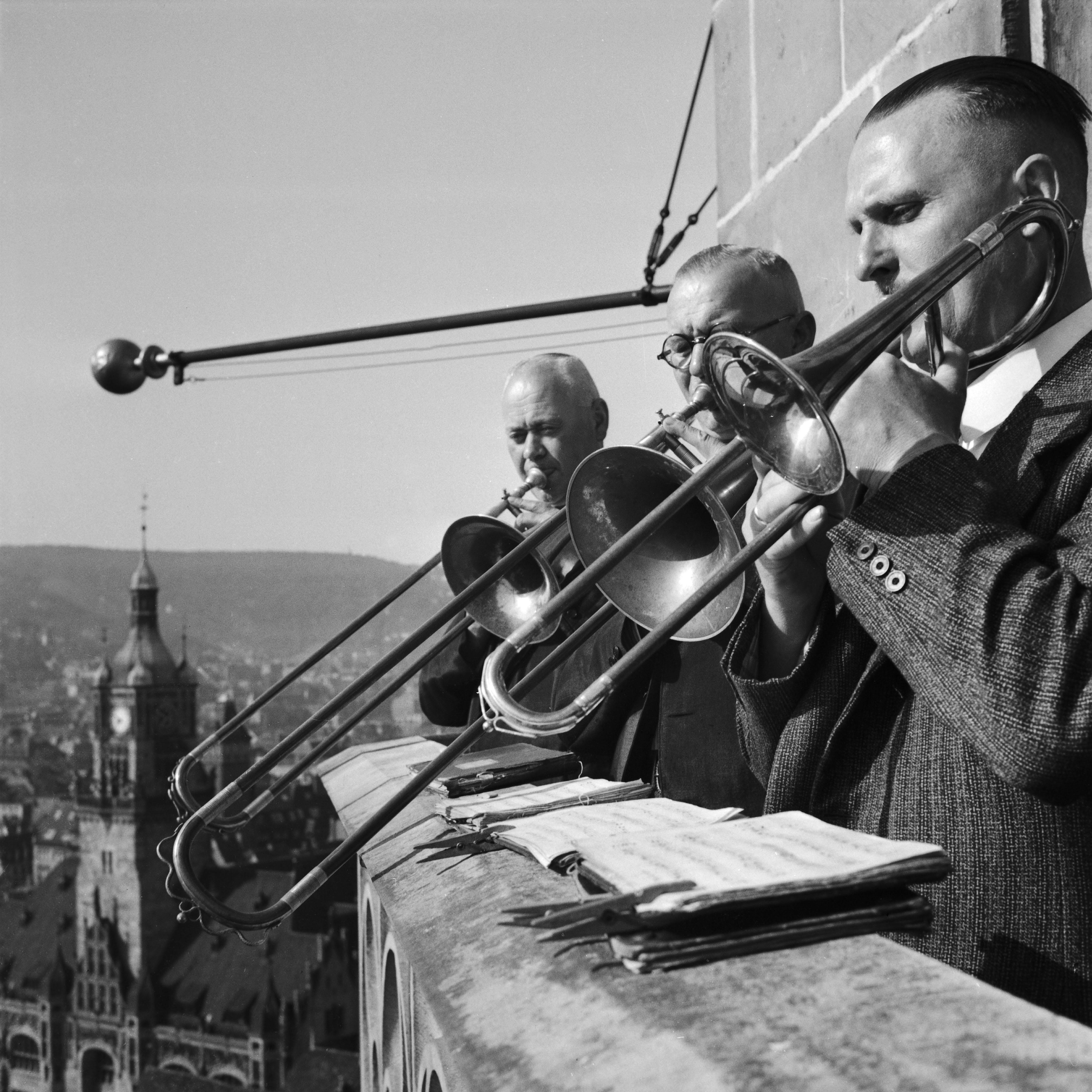 Karl Heinrich Lämmel Black and White Photograph - Brass ensemble at the belfry of a church, Stuttgart Germany 1935, Printed Later