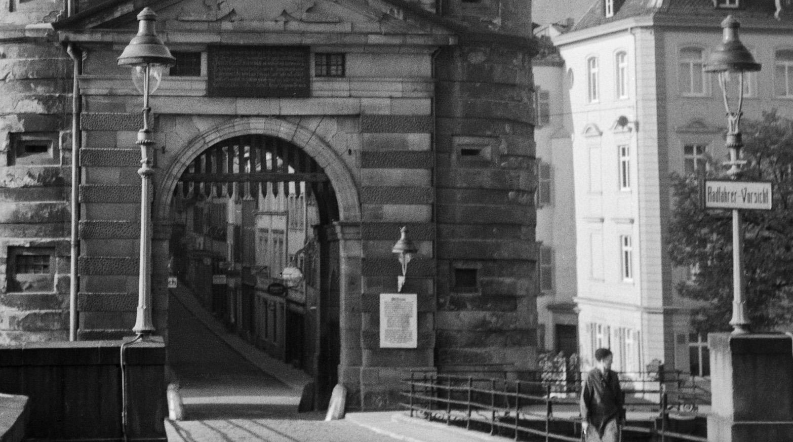Brueckentor gate at old bridge Neckar Heidelberg, Germany 1936, Printed Later  - Photograph by Karl Heinrich Lämmel