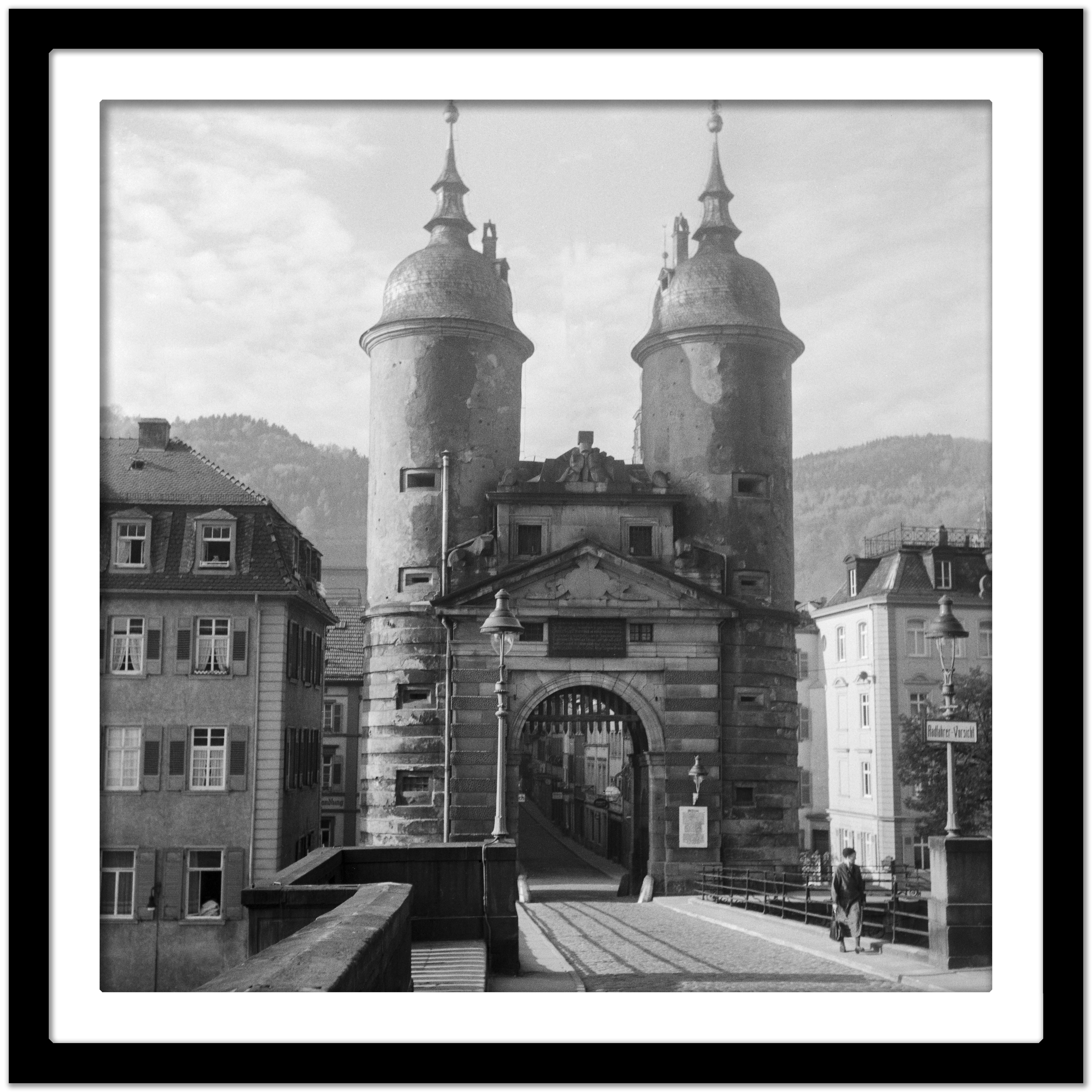 Brueckentor gate at old bridge Neckar Heidelberg, Germany 1936, Printed Later  - Gray Black and White Photograph by Karl Heinrich Lämmel