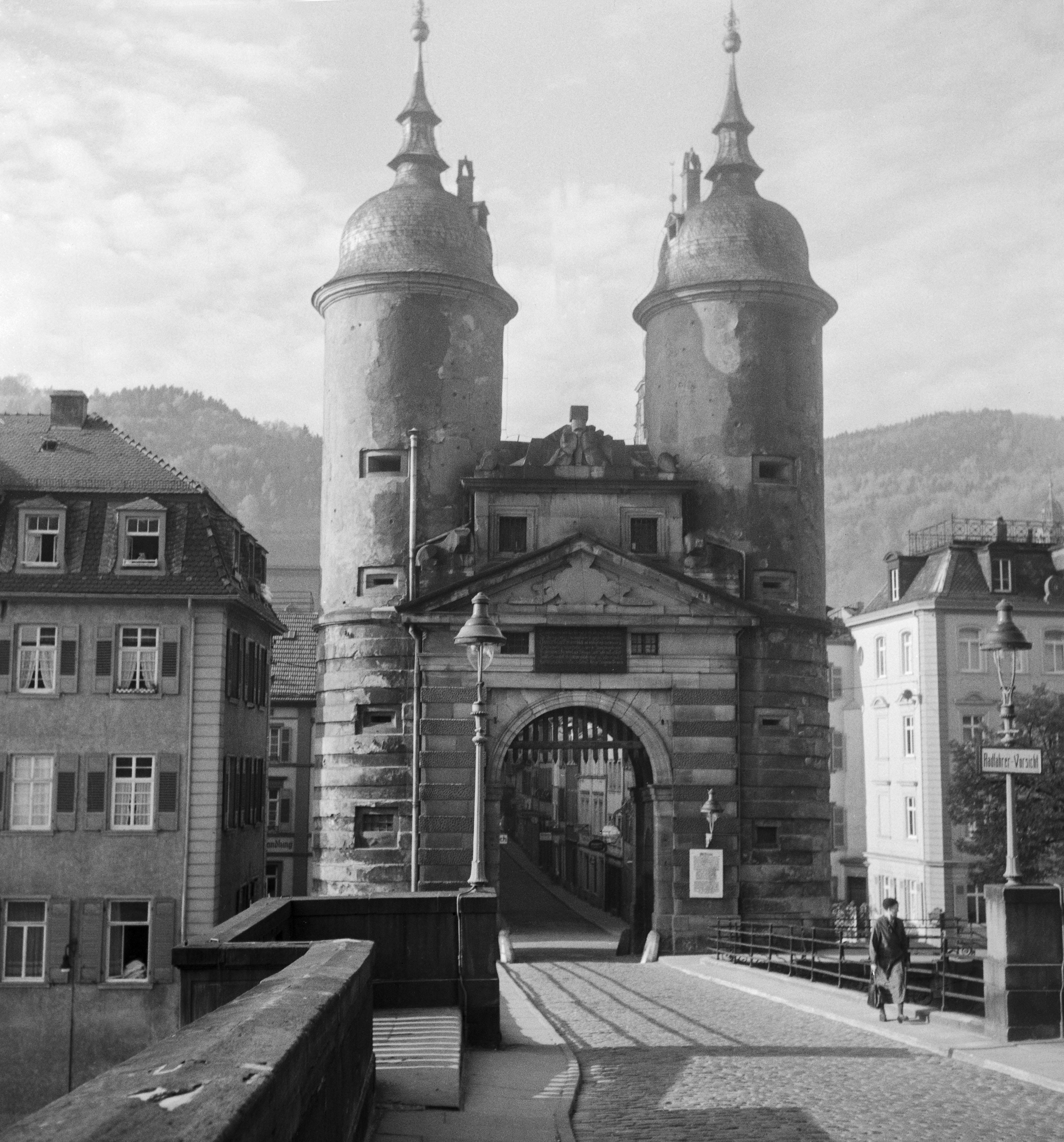 Karl Heinrich Lämmel Black and White Photograph - Brueckentor gate at old bridge Neckar Heidelberg, Germany 1936, Printed Later 