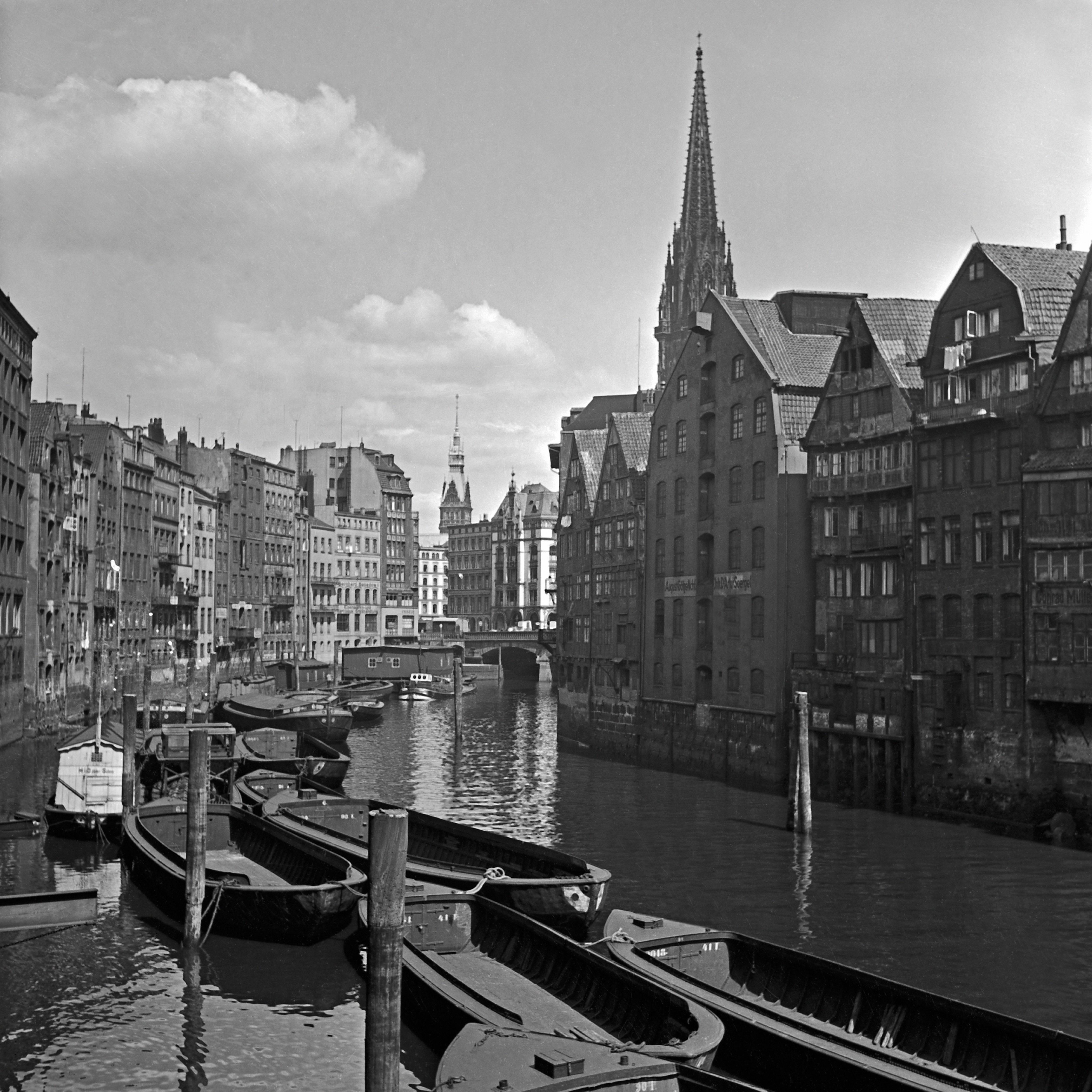 Karl Heinrich Lämmel Black and White Photograph - Canals near St. Nicolas church Hamburg Speicherstadt Germany 1938 Printed Later 