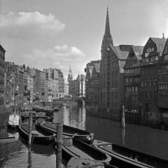 Vintage Canals near St. Nicolas church Hamburg Speicherstadt Germany 1938 Printed Later 