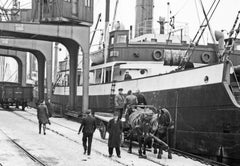 Cargo quay near the bridge at the harbor, Germany 1934 Printed Later
