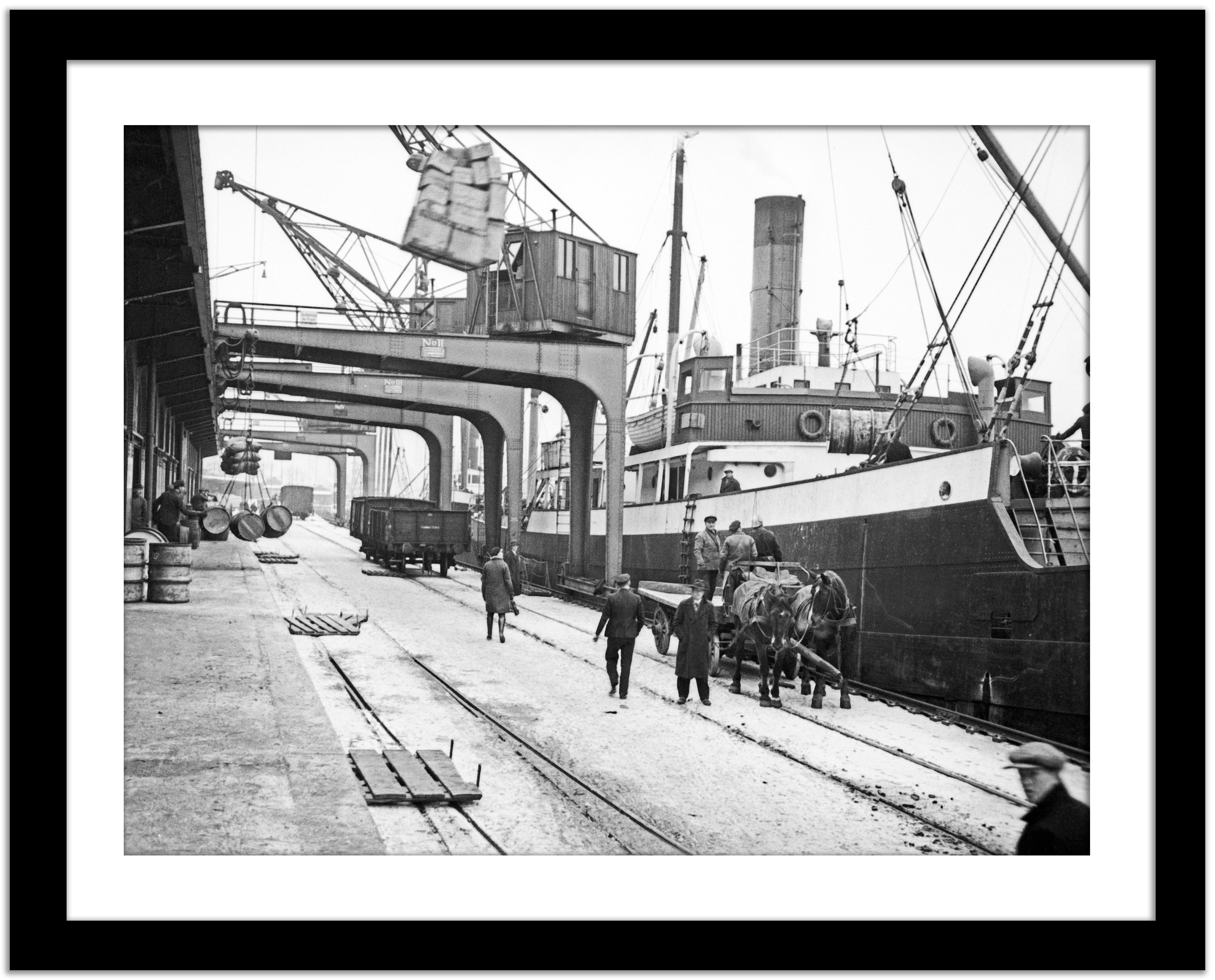 Cargo quay near the bridge at the harbor, Germany 1934 Printed Later  - Gray Black and White Photograph by Karl Heinrich Lämmel