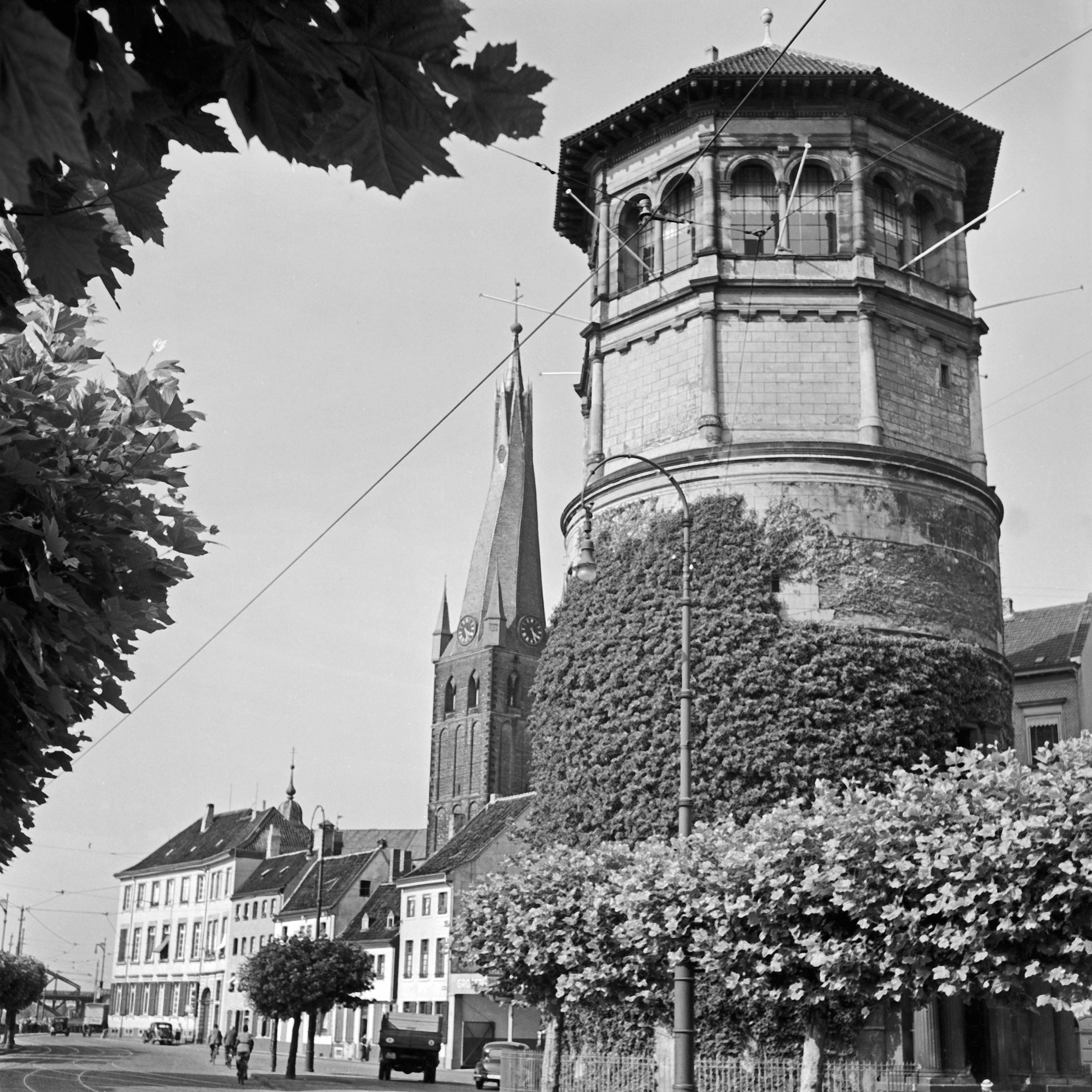 Karl Heinrich Lämmel Black and White Photograph - Castle tower and St. Lambert's church Duesseldorf, Germany 1937 Printed Later 