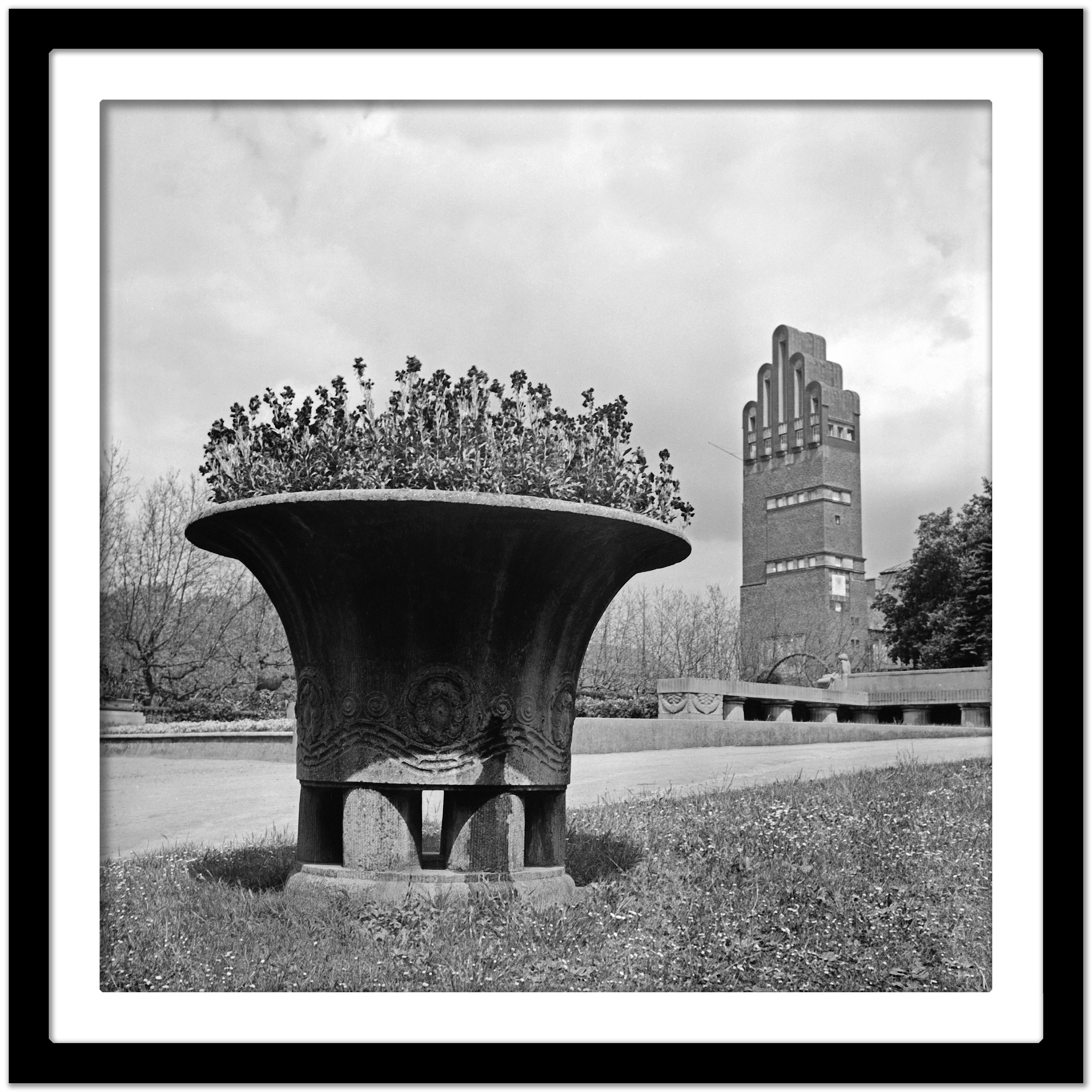 Flowers Hochzeitsturm tower Mathildenhoehe Darmstadt Germany 1938 Printed Later - Gray Black and White Photograph by Karl Heinrich Lämmel