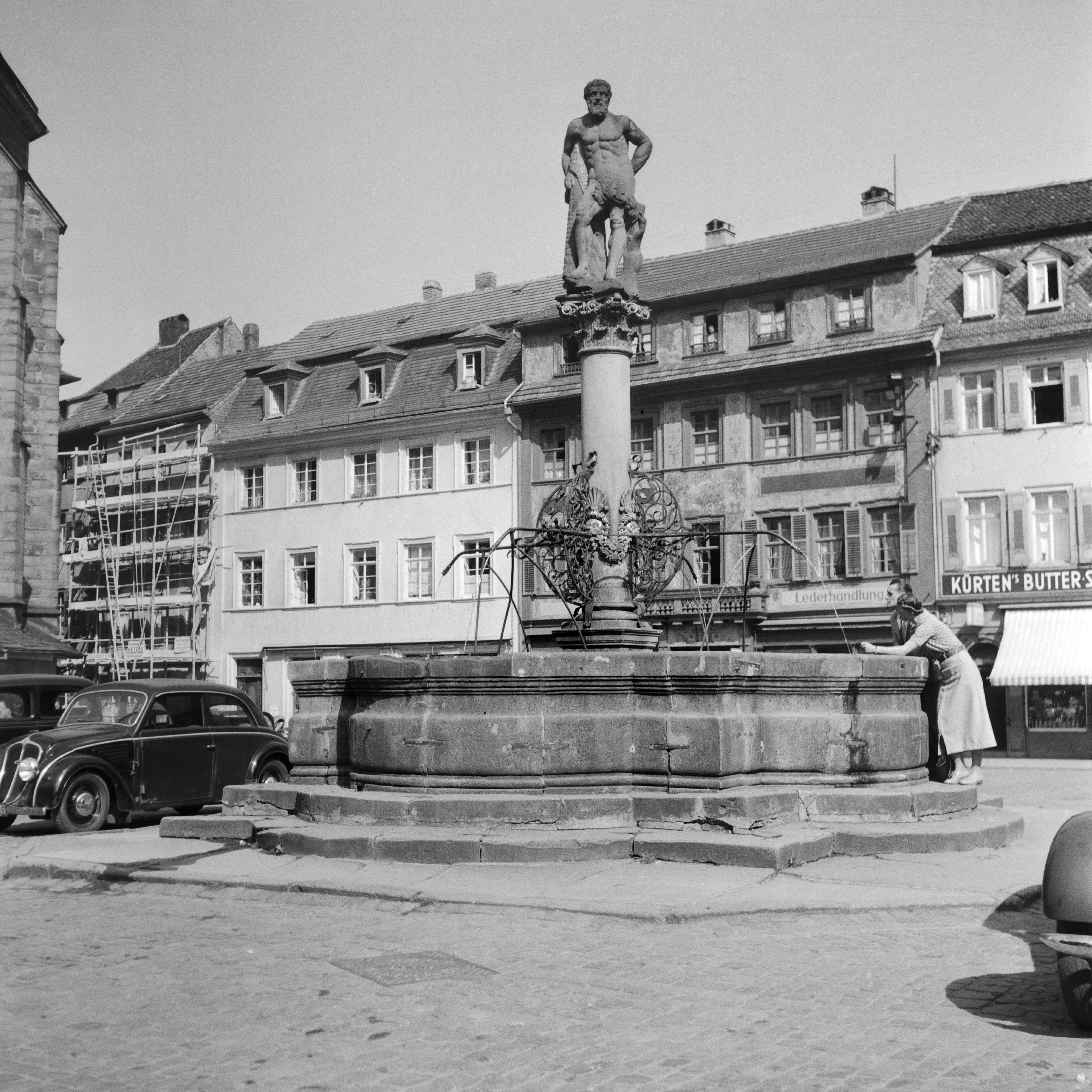 Karl Heinrich Lämmel Black and White Photograph - Fountain behind Heiliggeist church Heidelberg, Germany 1936, Printed Later 
