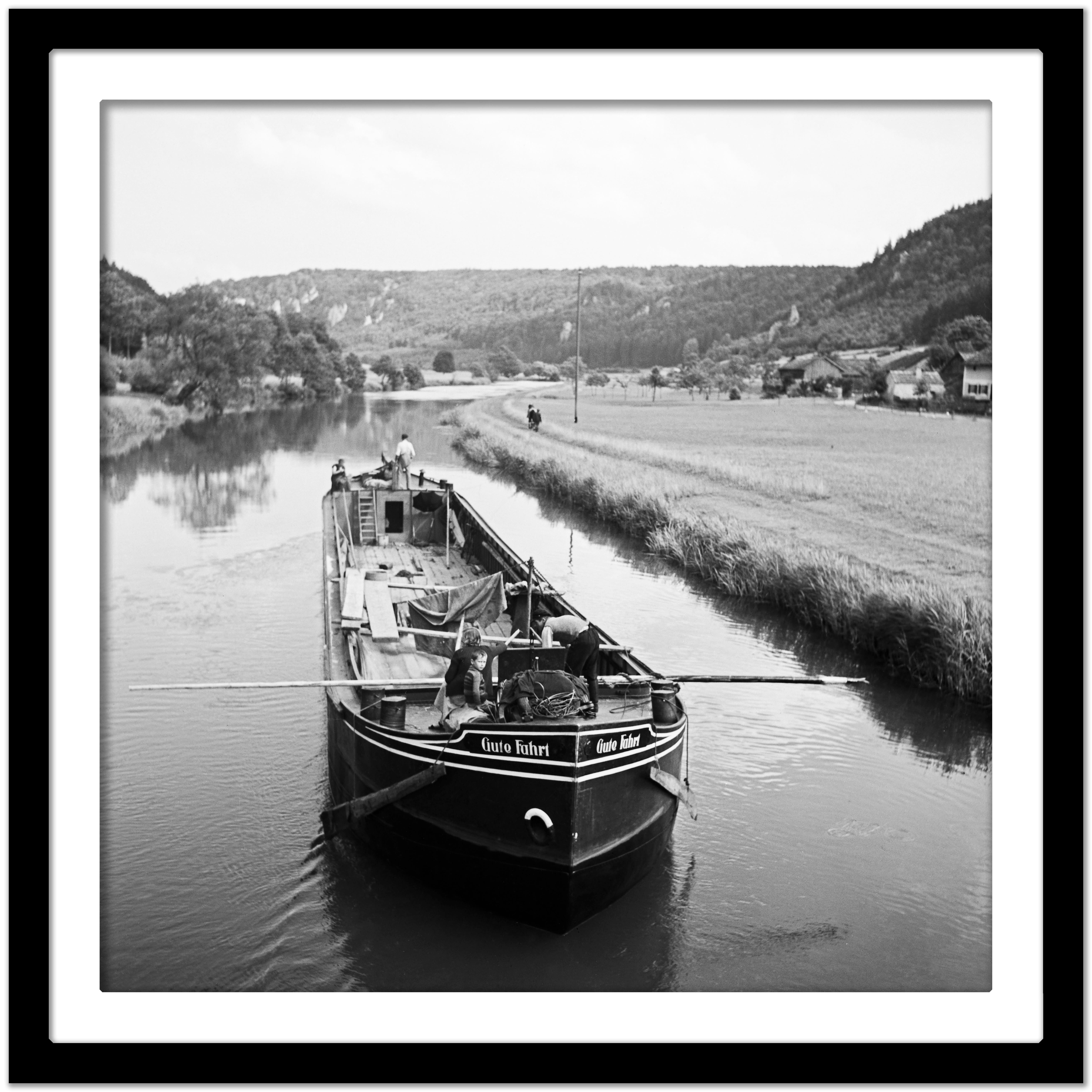 Freight ship on river Altmuehl at Altmuehltal valley, Germany 1937 Printed Later - Modern Photograph by Karl Heinrich Lämmel