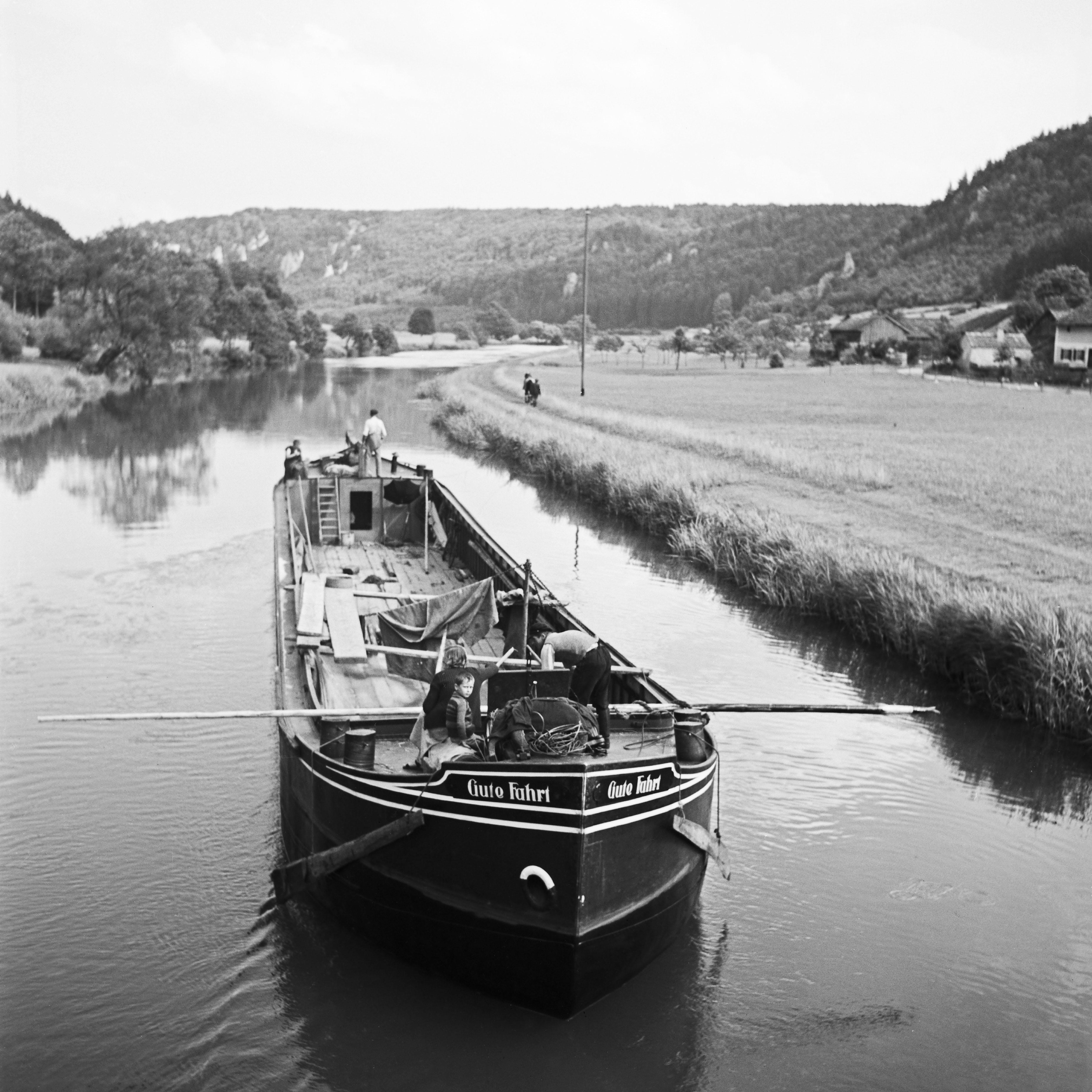 Karl Heinrich Lämmel Black and White Photograph - Freight ship on river Altmuehl at Altmuehltal valley, Germany 1937 Printed Later
