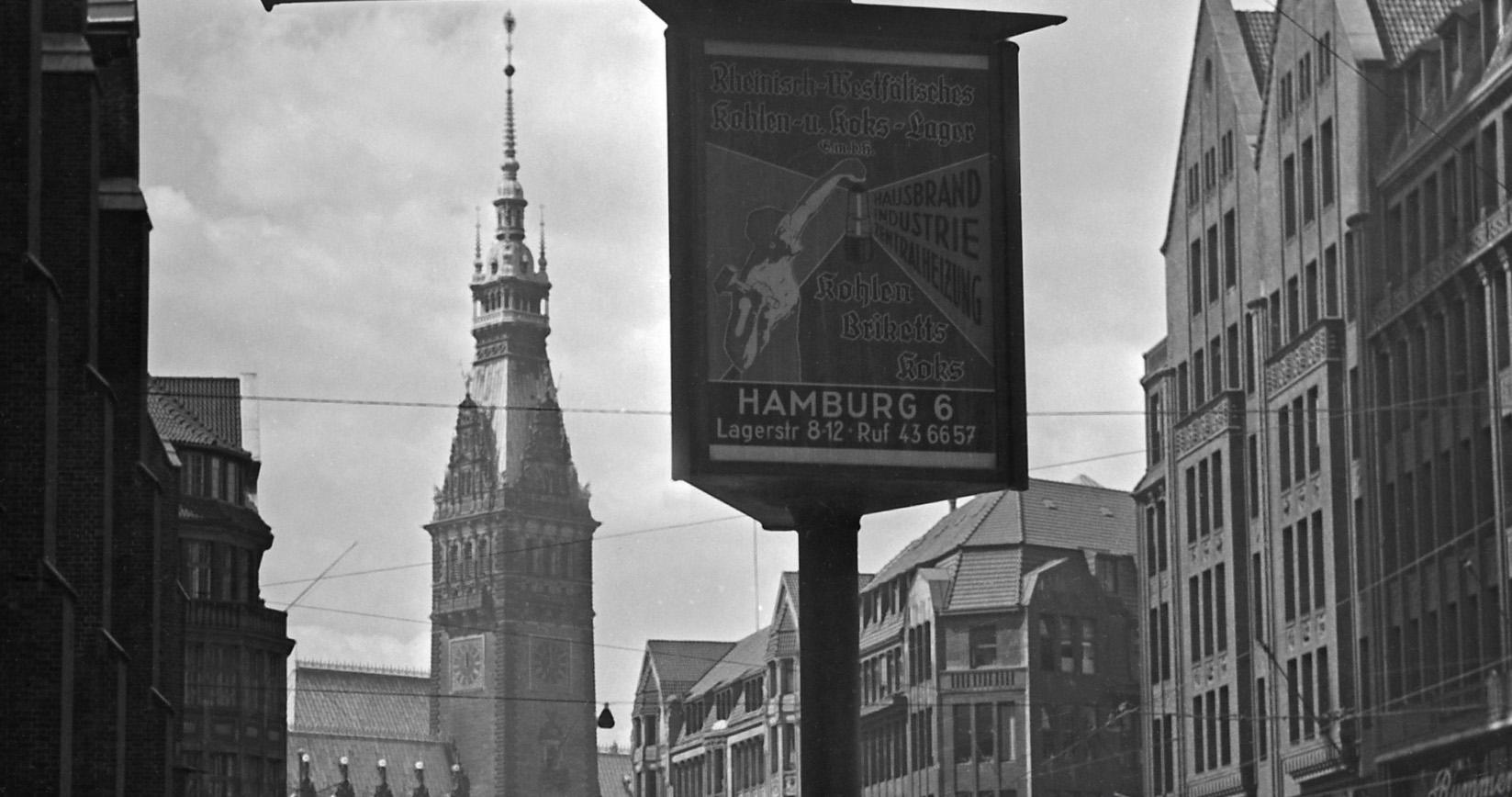 Moenckebergstrasse cars people city hall, Hamburg Germany 1938 Printed Later  - Photograph by Karl Heinrich Lämmel