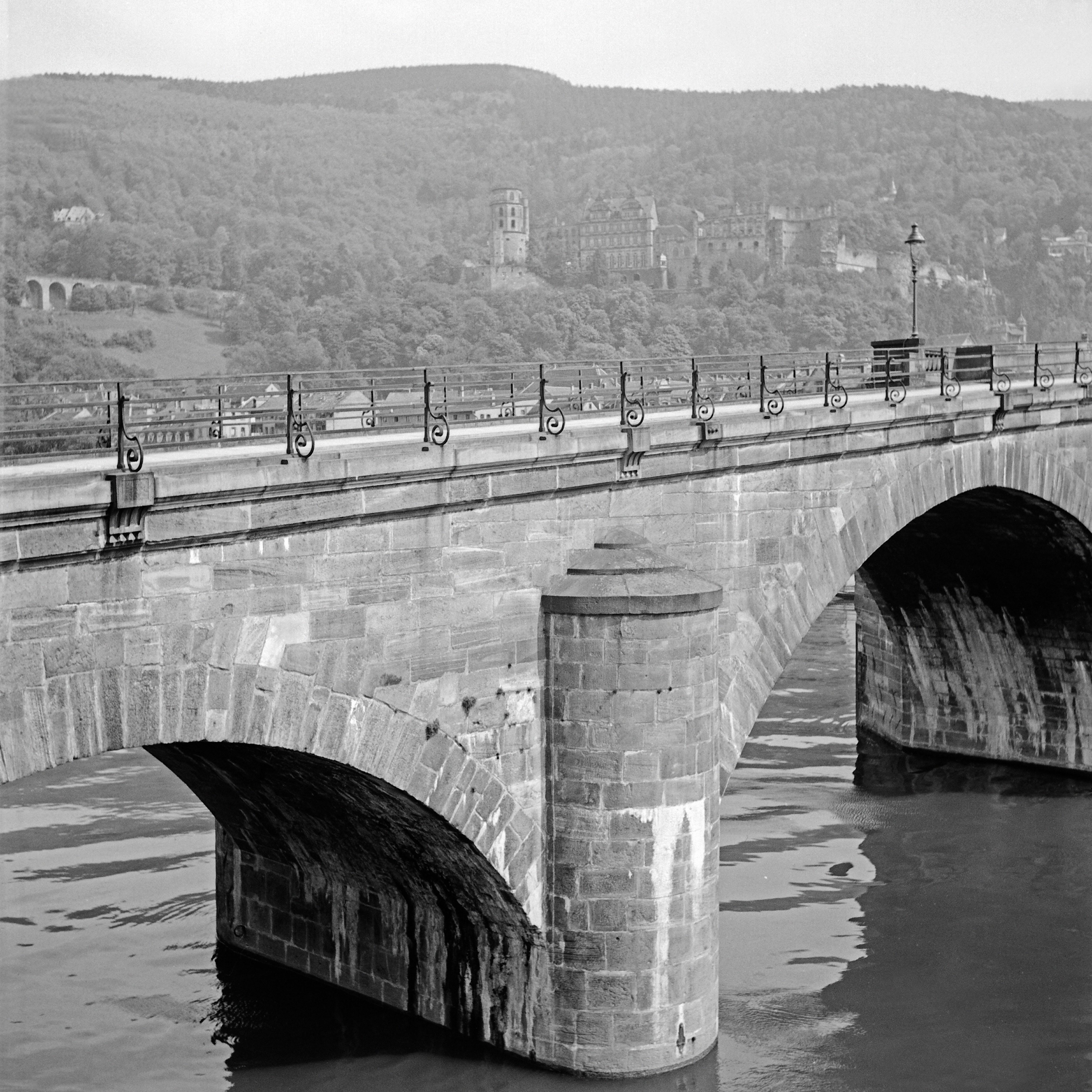 Karl Heinrich Lämmel Black and White Photograph - Old bidge, river Neckar and Heidelberg castle, Germany 1938, Printed Later