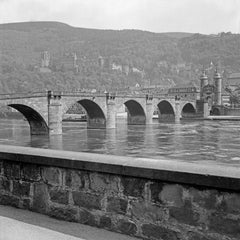 Old bidge, river Neckar and Heidelberg castle, Germany 1938, Printed Later