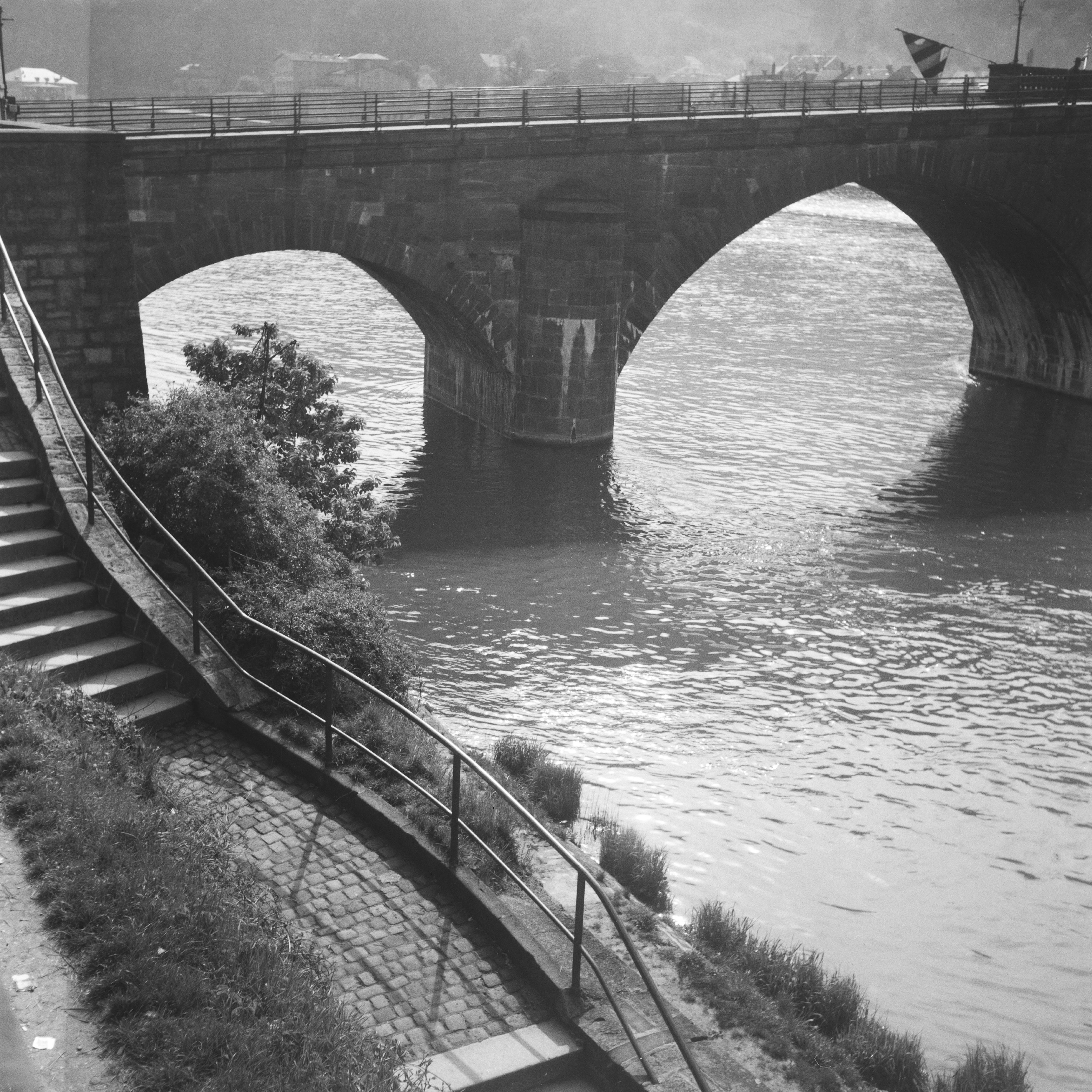 Karl Heinrich Lämmel Black and White Photograph - Old bridge over river Neckar at Heidelberg, Germany 1938, Printed Later 