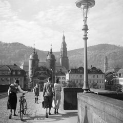 Vintage People on old bridge at Neckar to Heidelberg, Germany 1936, Printed Later 