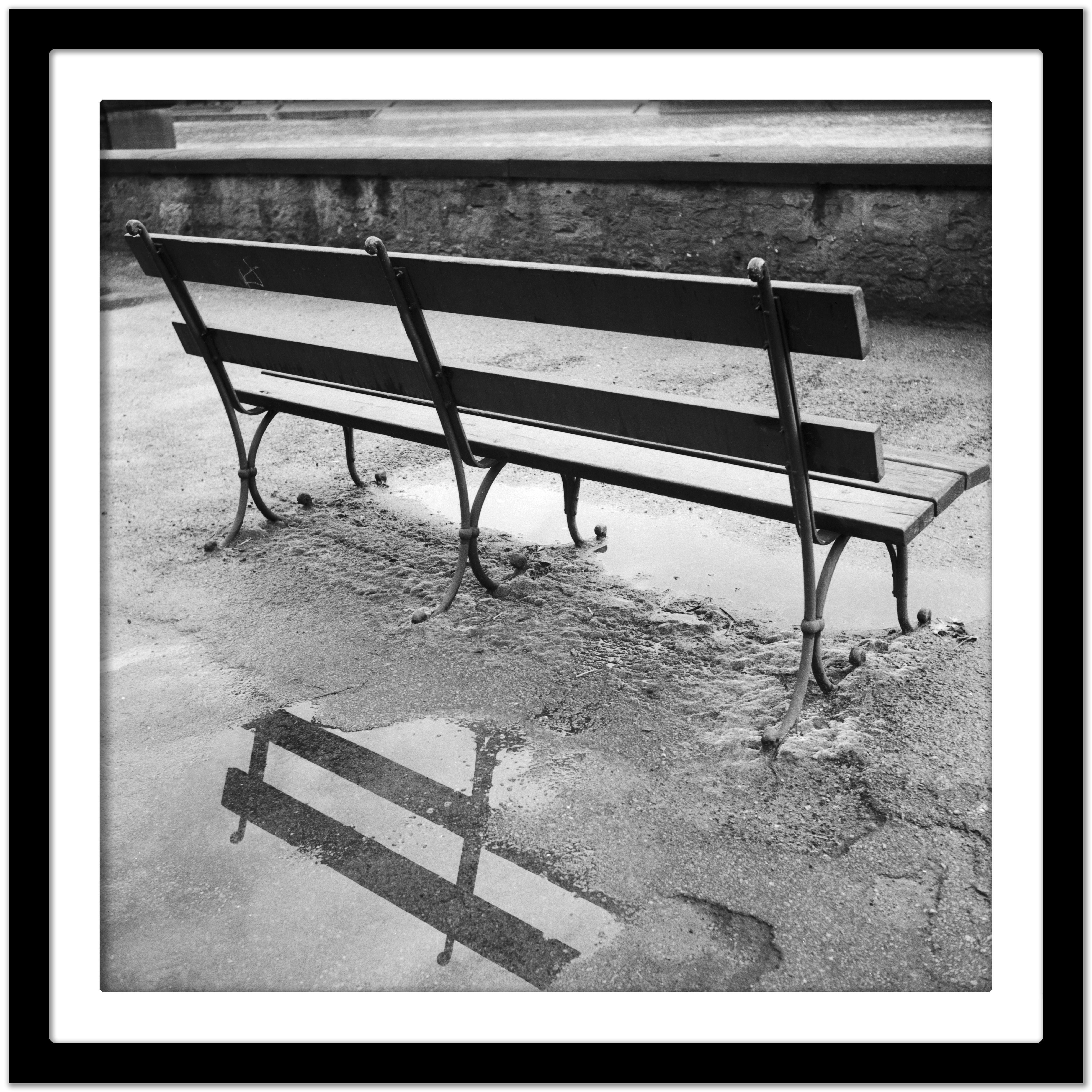 Public bench at river Neckar near Heidelberg, Germany 1936, Printed Later  - Gray Black and White Photograph by Karl Heinrich Lämmel