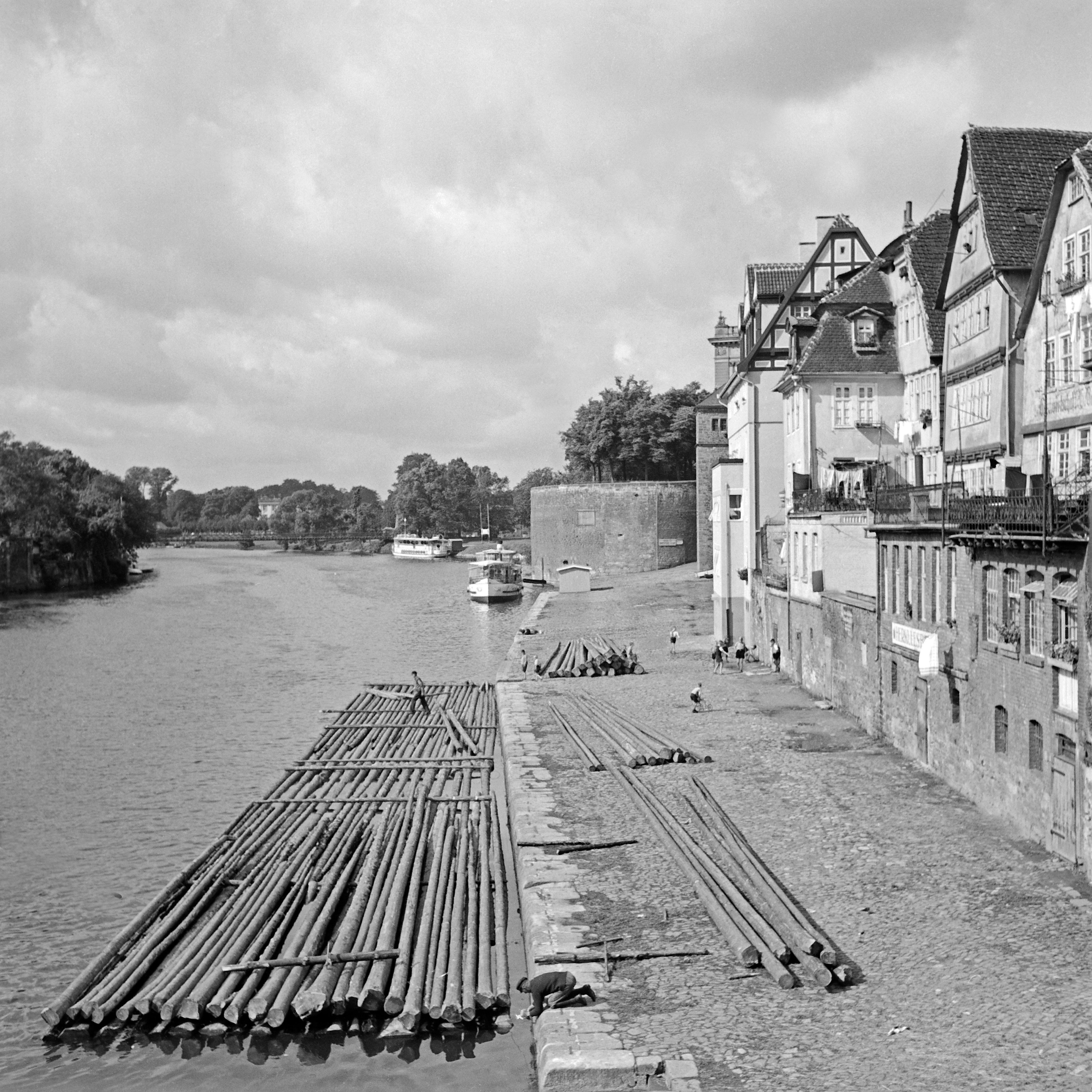 Karl Heinrich Lämmel Black and White Photograph - Fulda river in the old city of Kassel, Germany 1937 Printed Later 