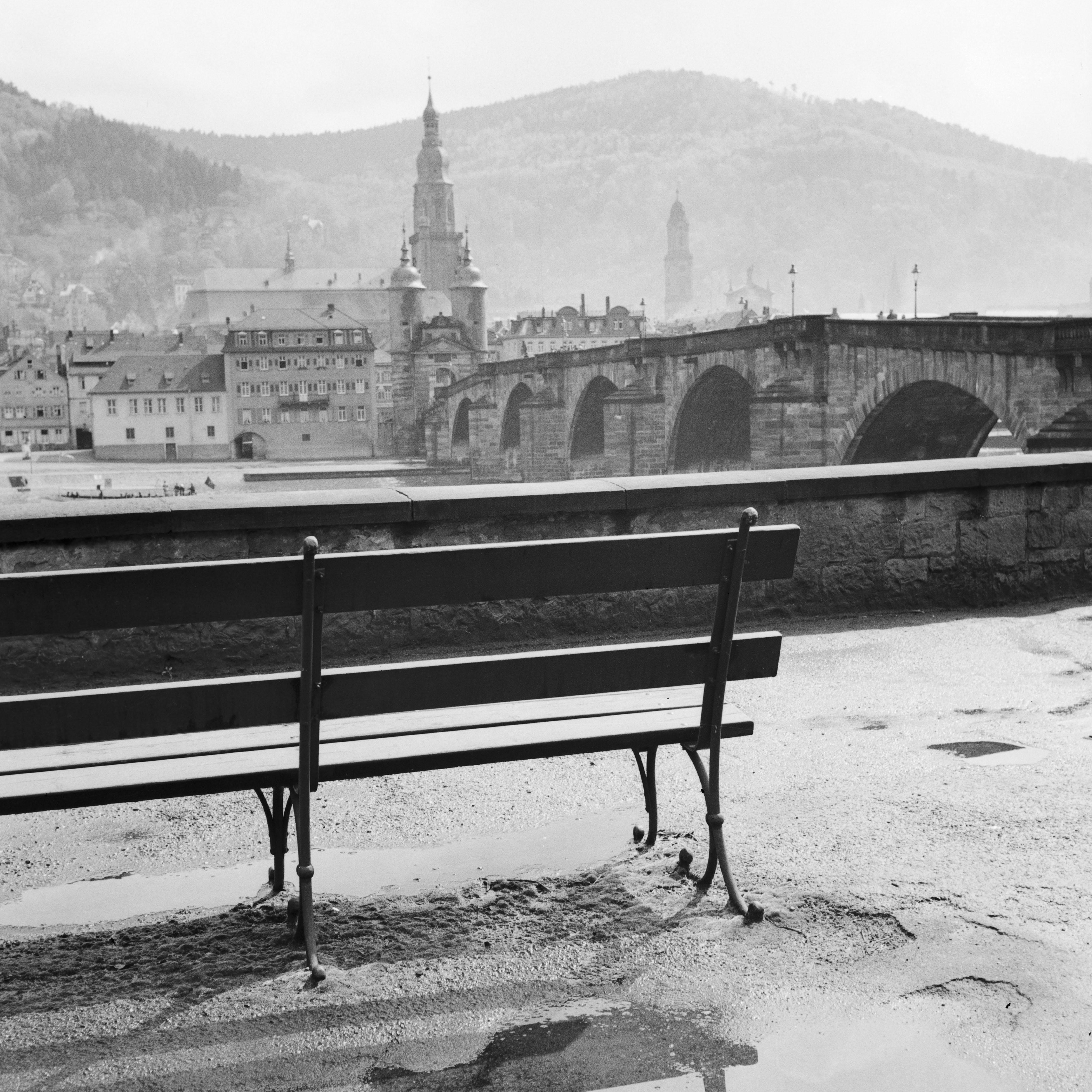 Karl Heinrich Lämmel Black and White Photograph - River Neckar, old bridge, church, Heidelberg Germany 1936, Printed Later 