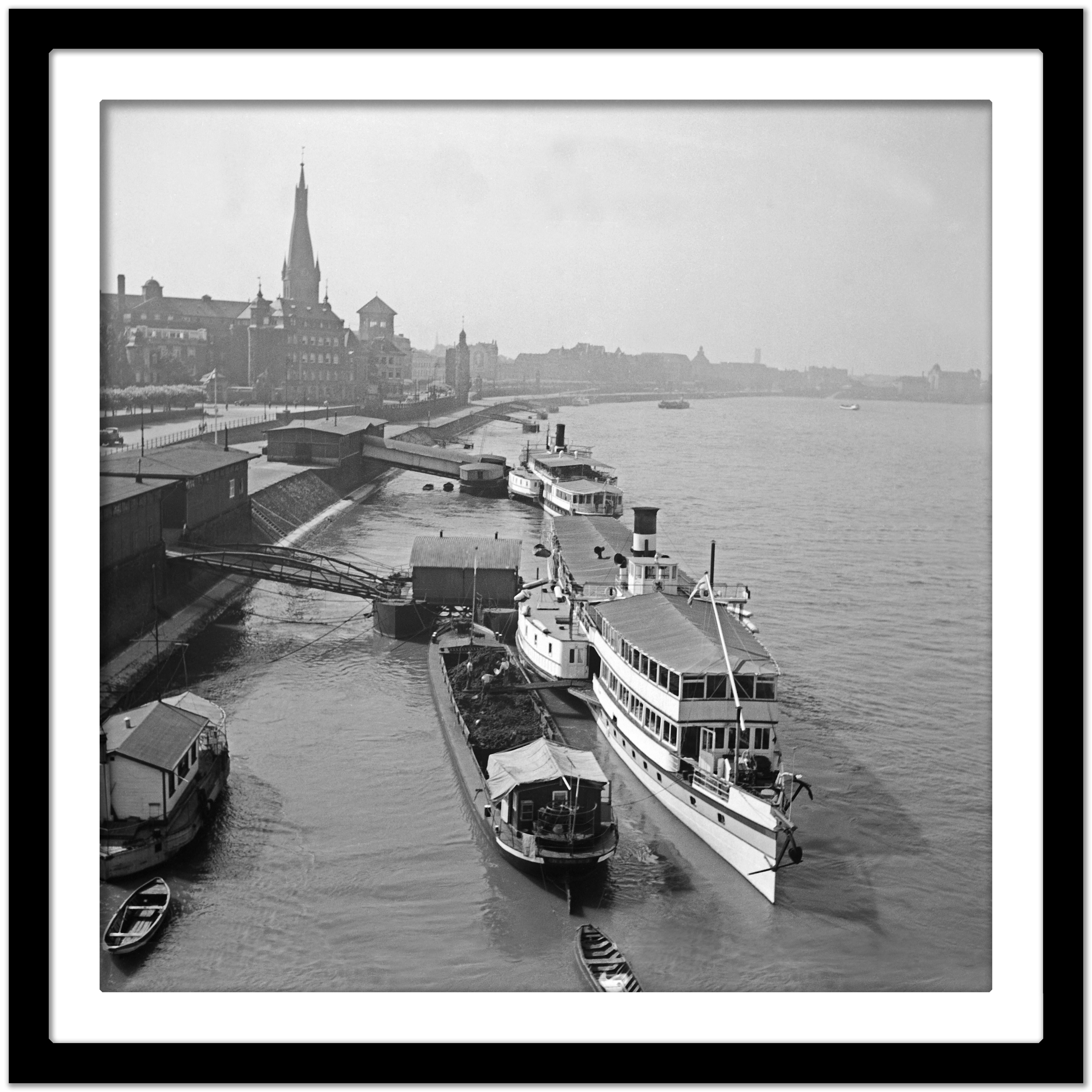 Ships anchoring at the old city of Duesseldorf, Germany 1937 Printed Later  - Gray Black and White Photograph by Karl Heinrich Lämmel