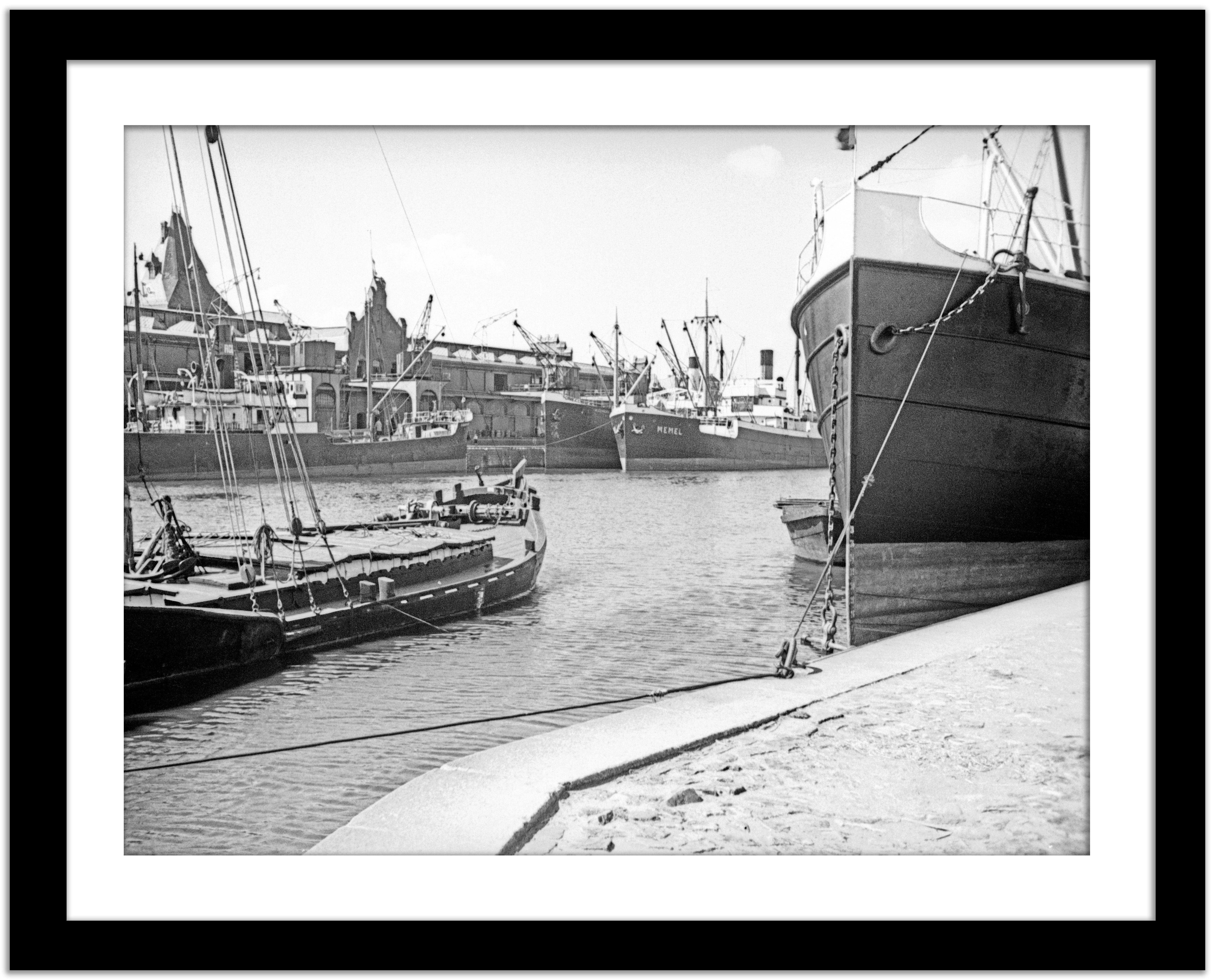 Ships at the inner harbor of Koenigsberg, Germany 1934 Printed Later  - Gray Black and White Photograph by Karl Heinrich Lämmel
