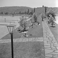 Vintage Sunbathers on the shore of Max Eyth lake, Stuttgart Germany 1935, Printed Later