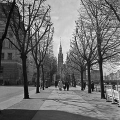 Vintage Taking a walk at Alster to city hall Hamburg, Germany 1938, Printed Later 