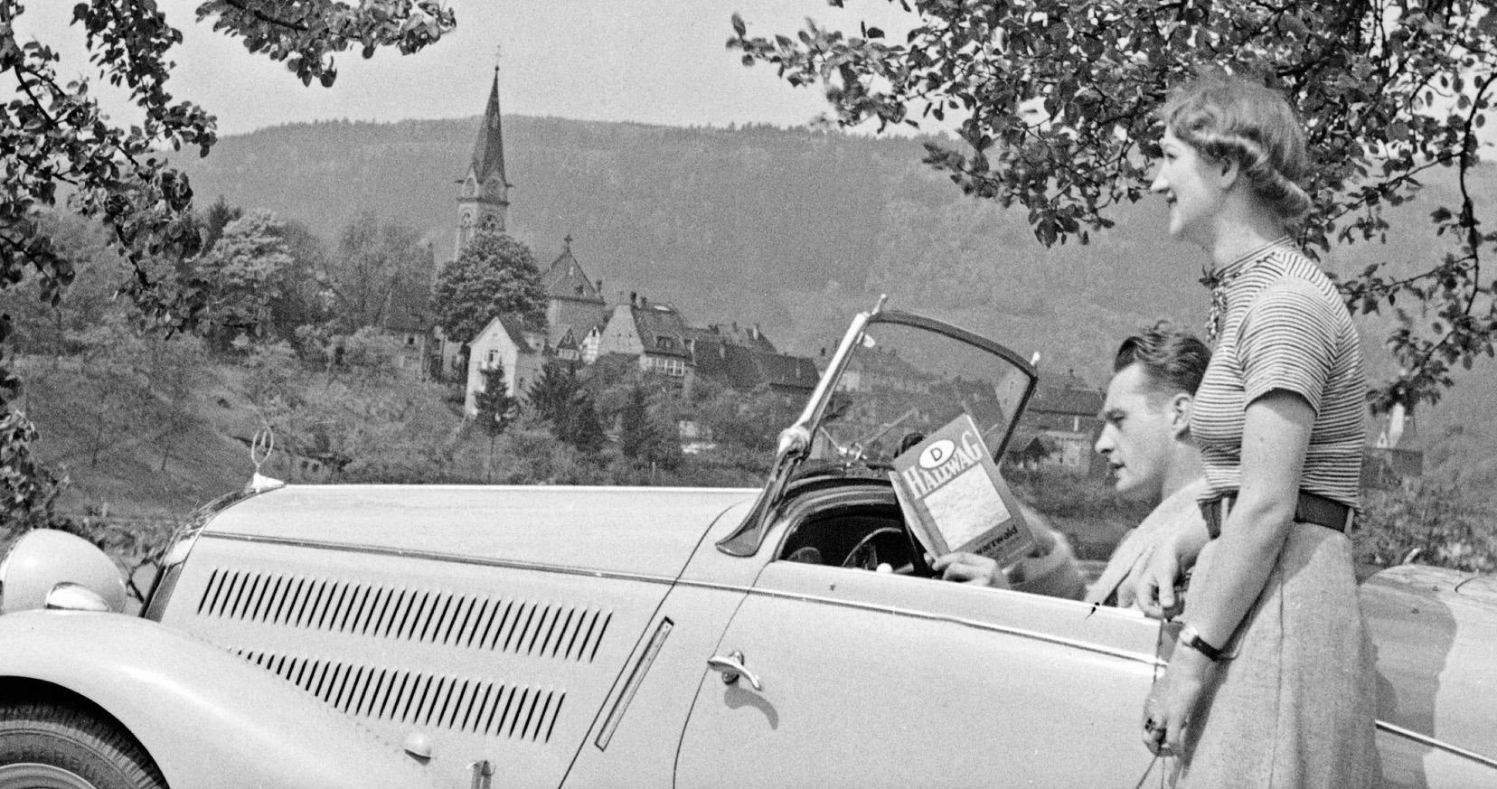 To Neckargemuend Mercedes Benz car near Heidelberg, Germany 1936, Printed Later  - Photograph by Karl Heinrich Lämmel