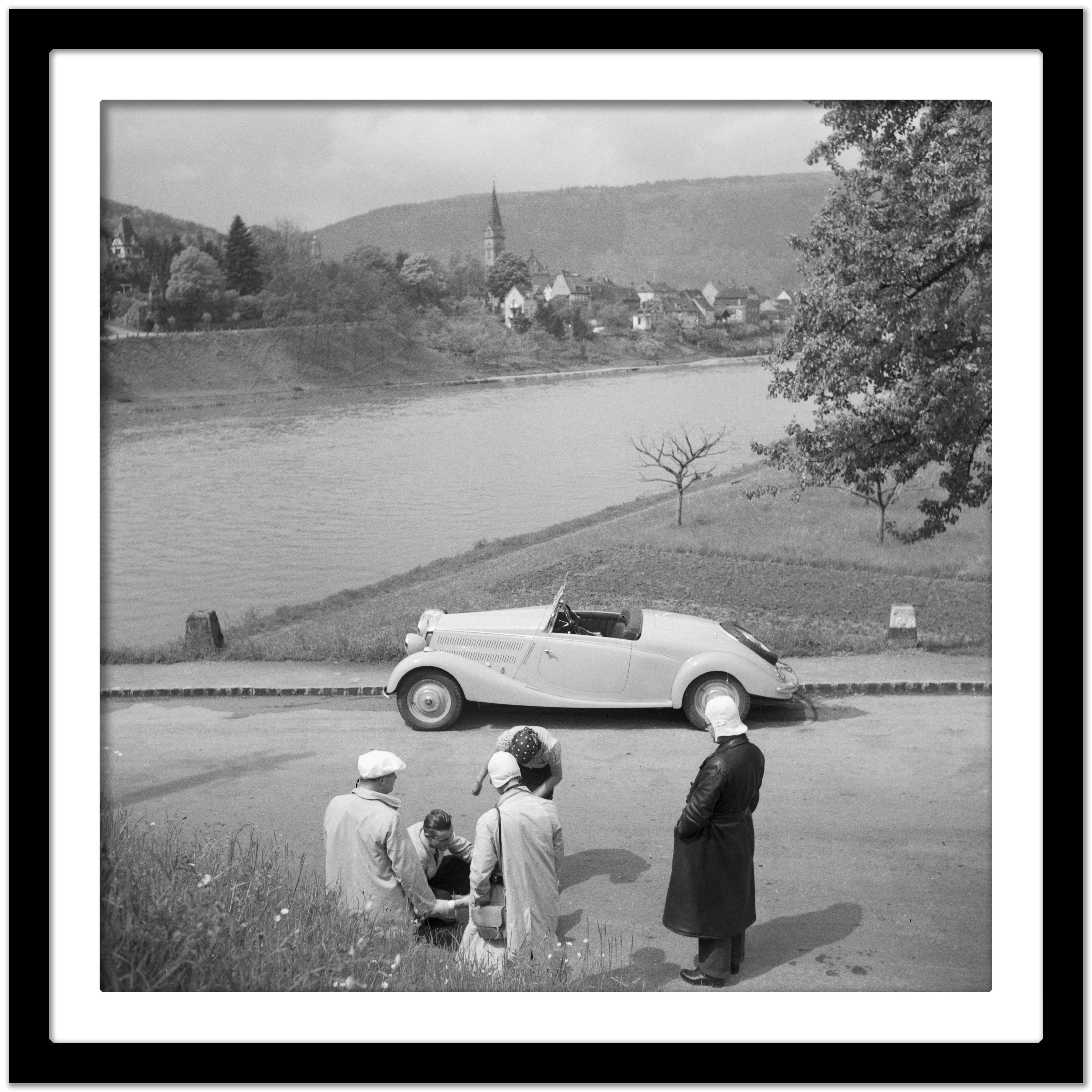 To Neckargemuend Mercedes Benz car near Heidelberg, Germany 1936, Printed Later  - Gray Black and White Photograph by Karl Heinrich Lämmel