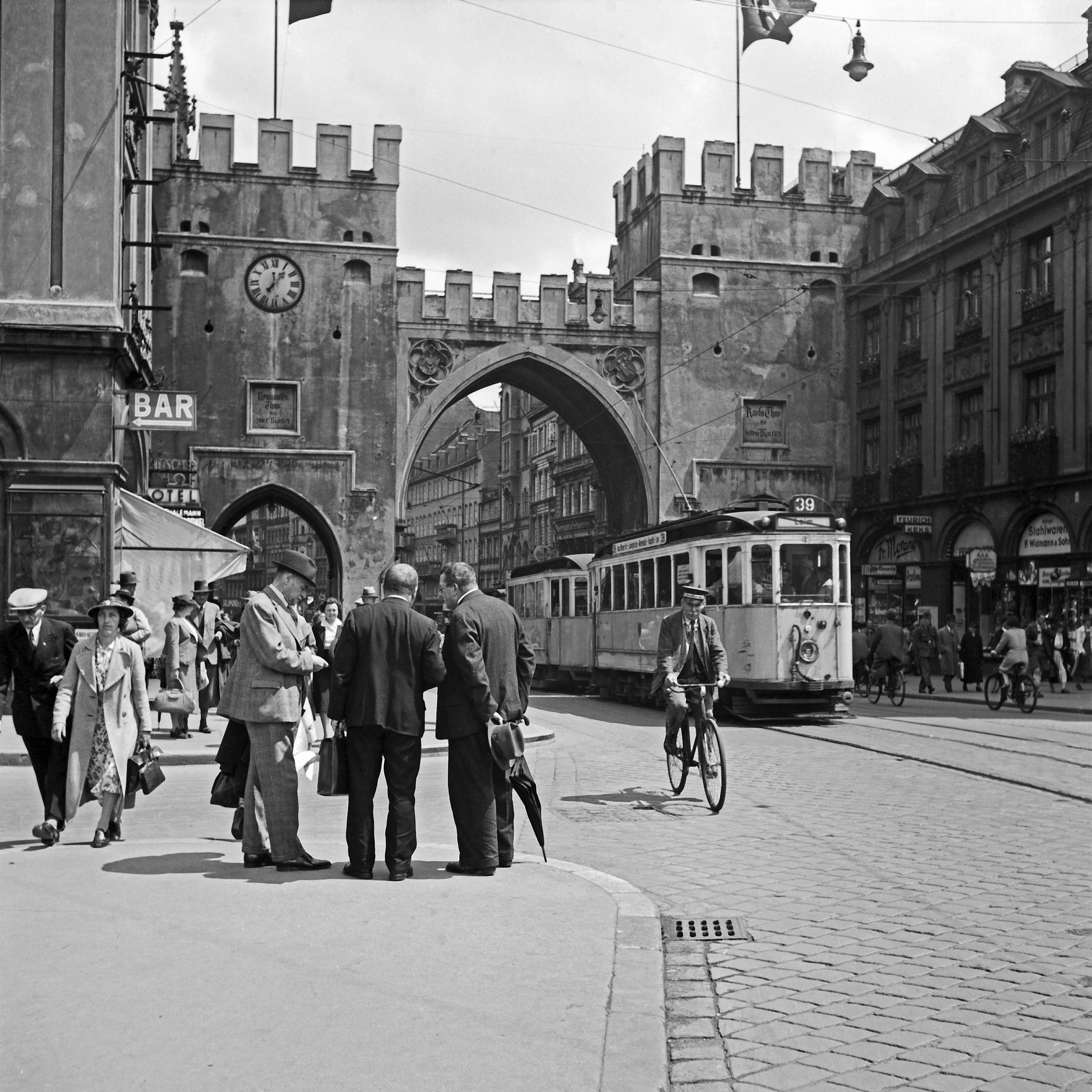 Karl Heinrich Lämmel Black and White Photograph - Tram at Karlstor gate inner city Munich, Germany 1937, Printed Later