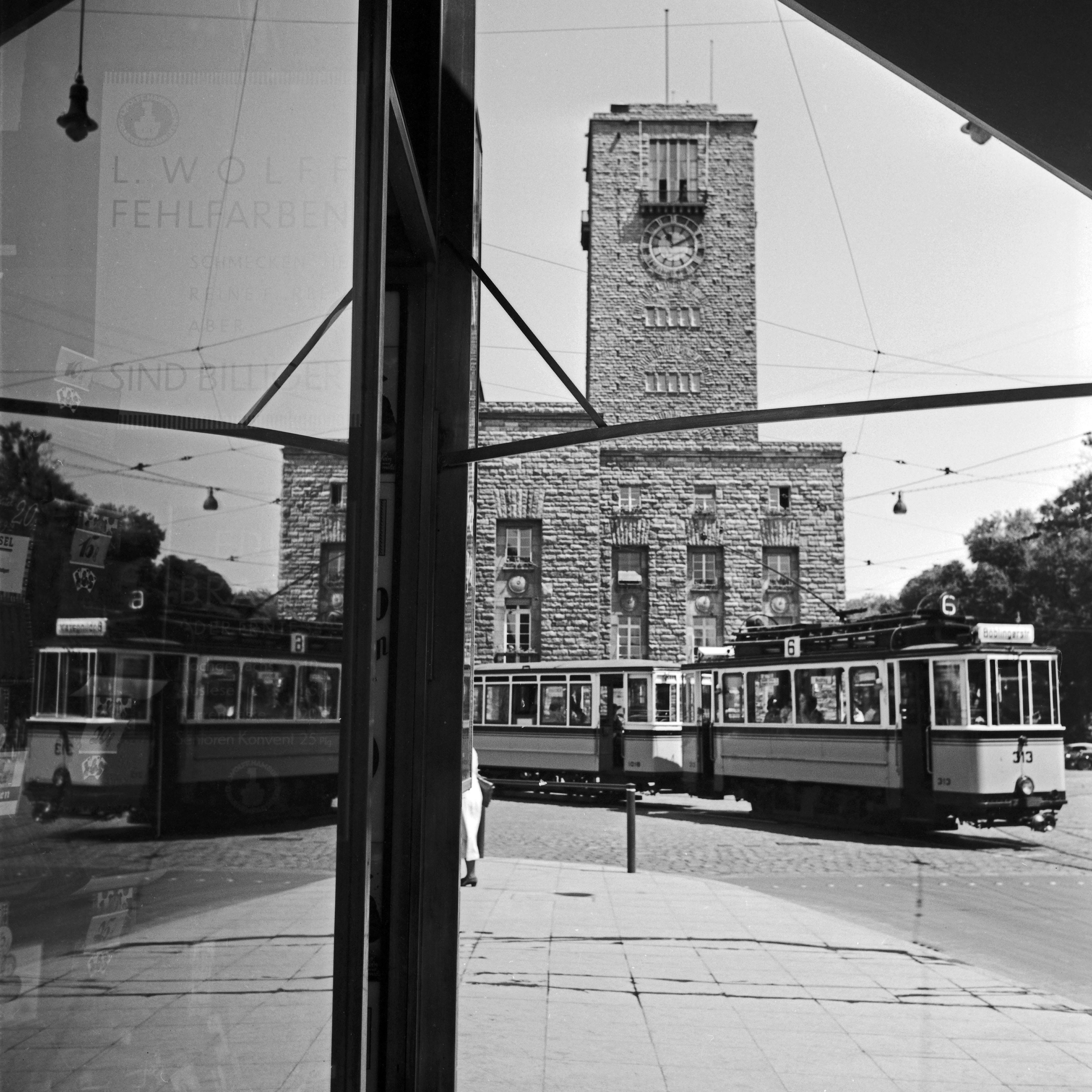 Karl Heinrich Lämmel Black and White Photograph - Tram line No. 2 reflecting main Station, Stuttgart Germany 1935, Printed Later