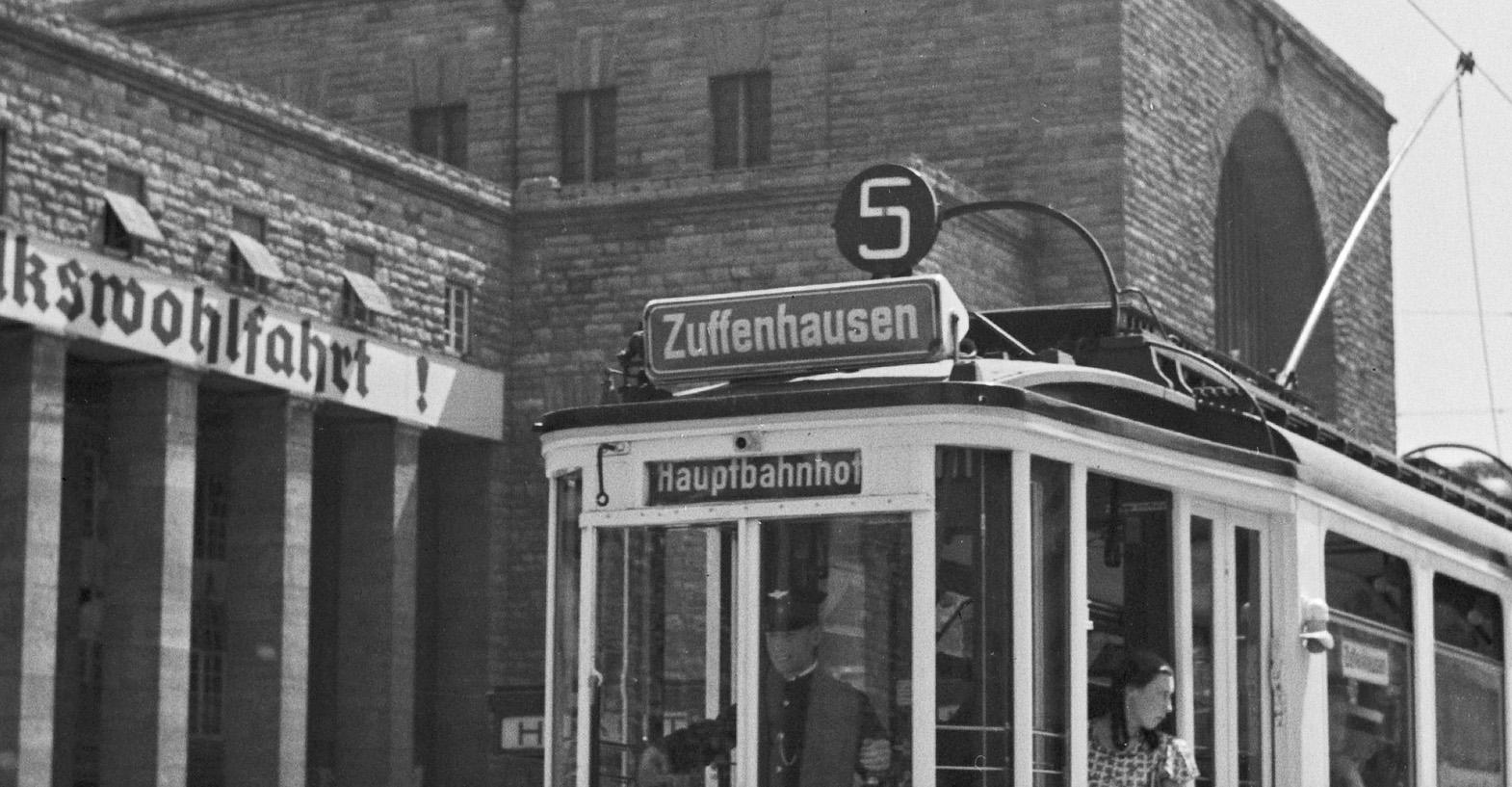 Tram line No. 5 Zuffenhausen main Station, Stuttgart Germany 1935, Printed Later - Photograph by Karl Heinrich Lämmel