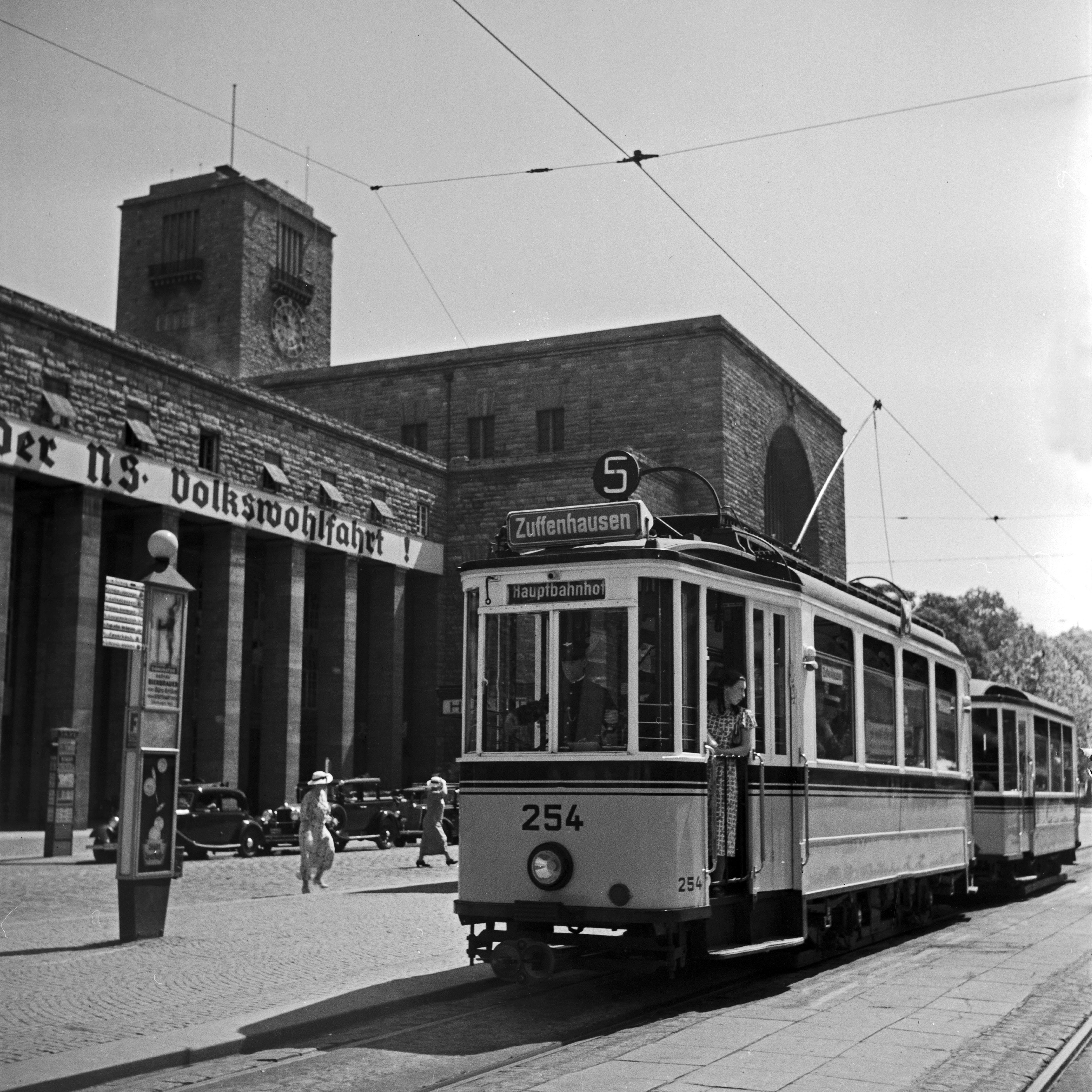 Karl Heinrich Lämmel Black and White Photograph - Tram line No. 5 Zuffenhausen main Station, Stuttgart Germany 1935, Printed Later