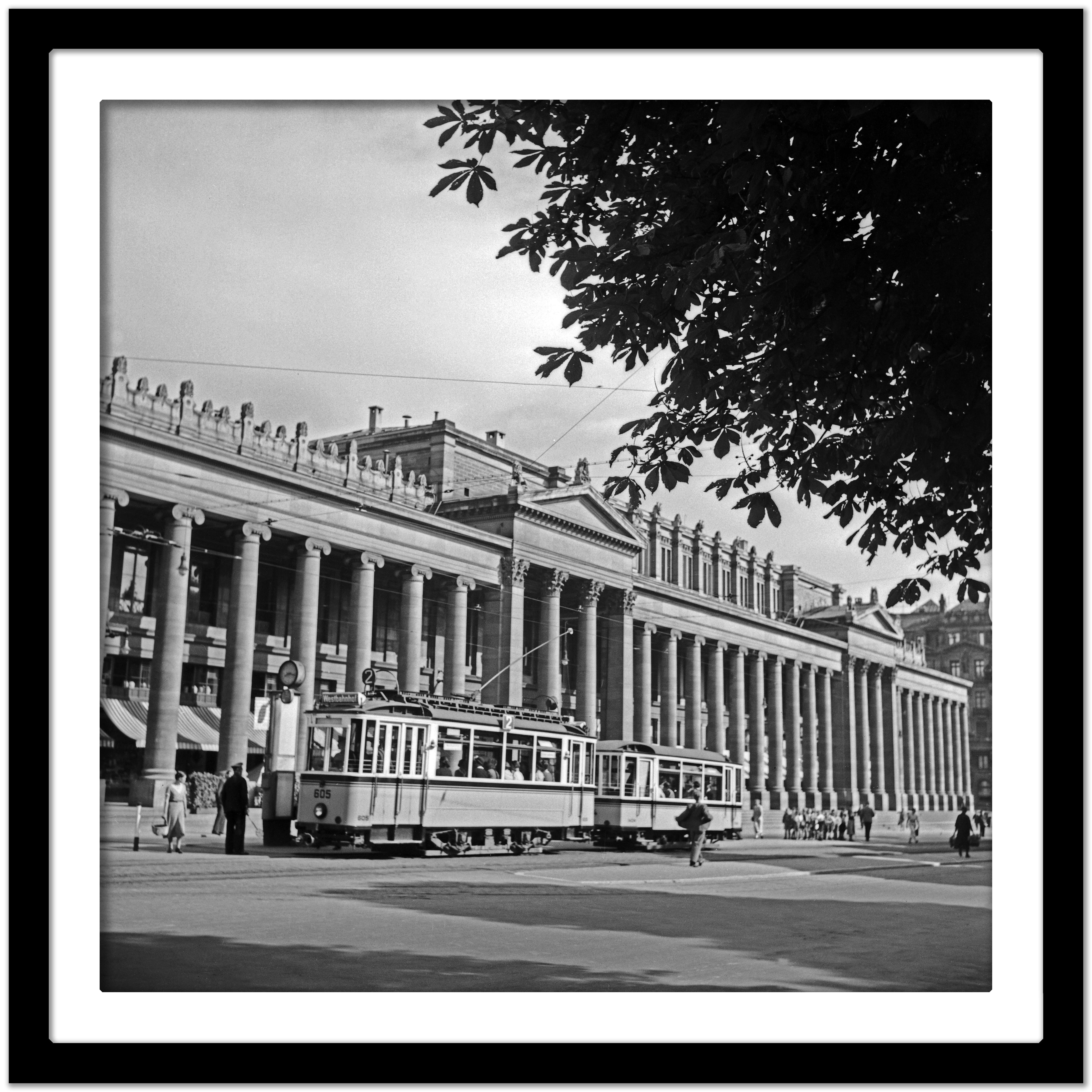 Tram line no.2 front of Koenigsbau palace, Stuttgart Germany 1935, Printed Later - Black Black and White Photograph by Karl Heinrich Lämmel