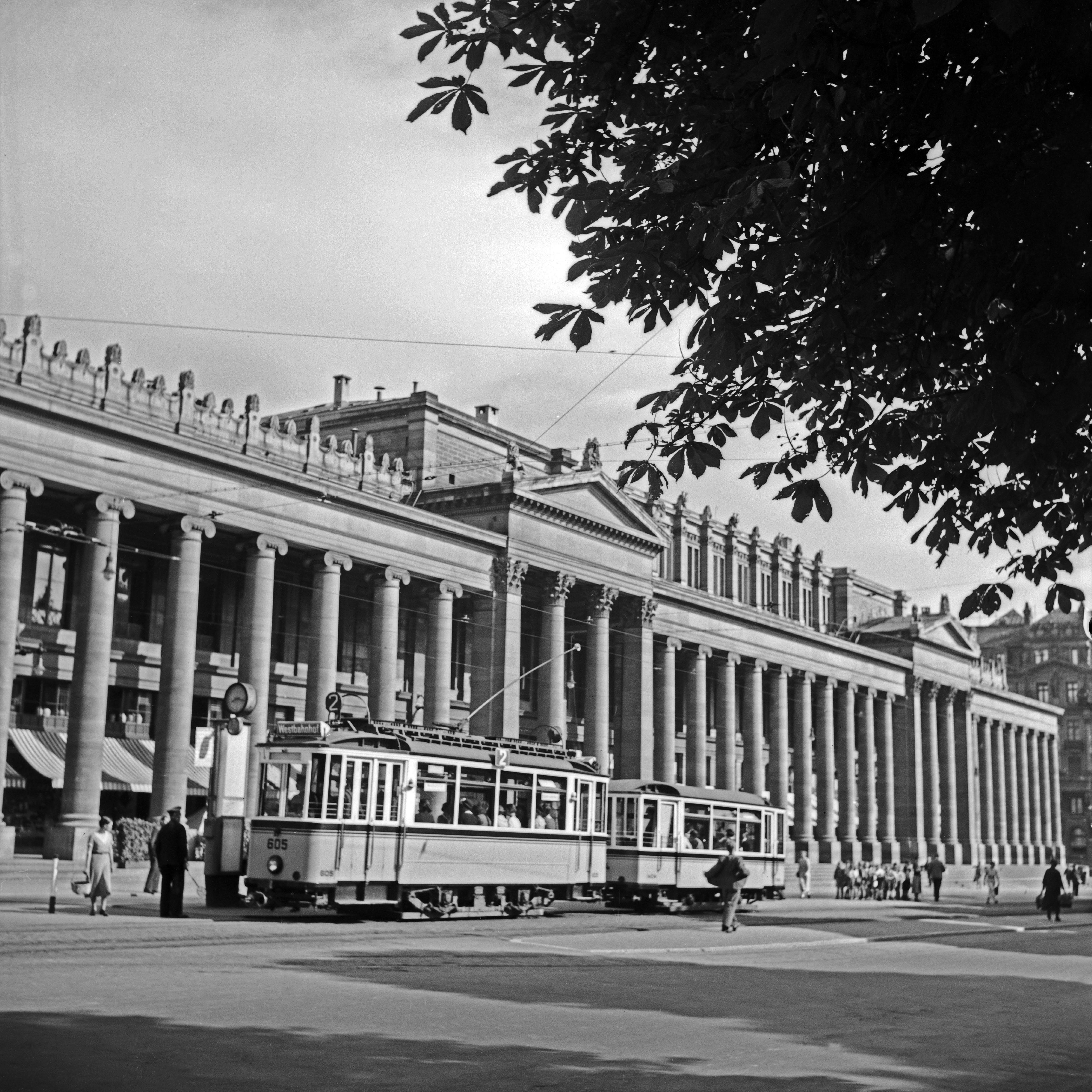 Karl Heinrich Lämmel Black and White Photograph - Tram line no.2 front of Koenigsbau palace, Stuttgart Germany 1935, Printed Later