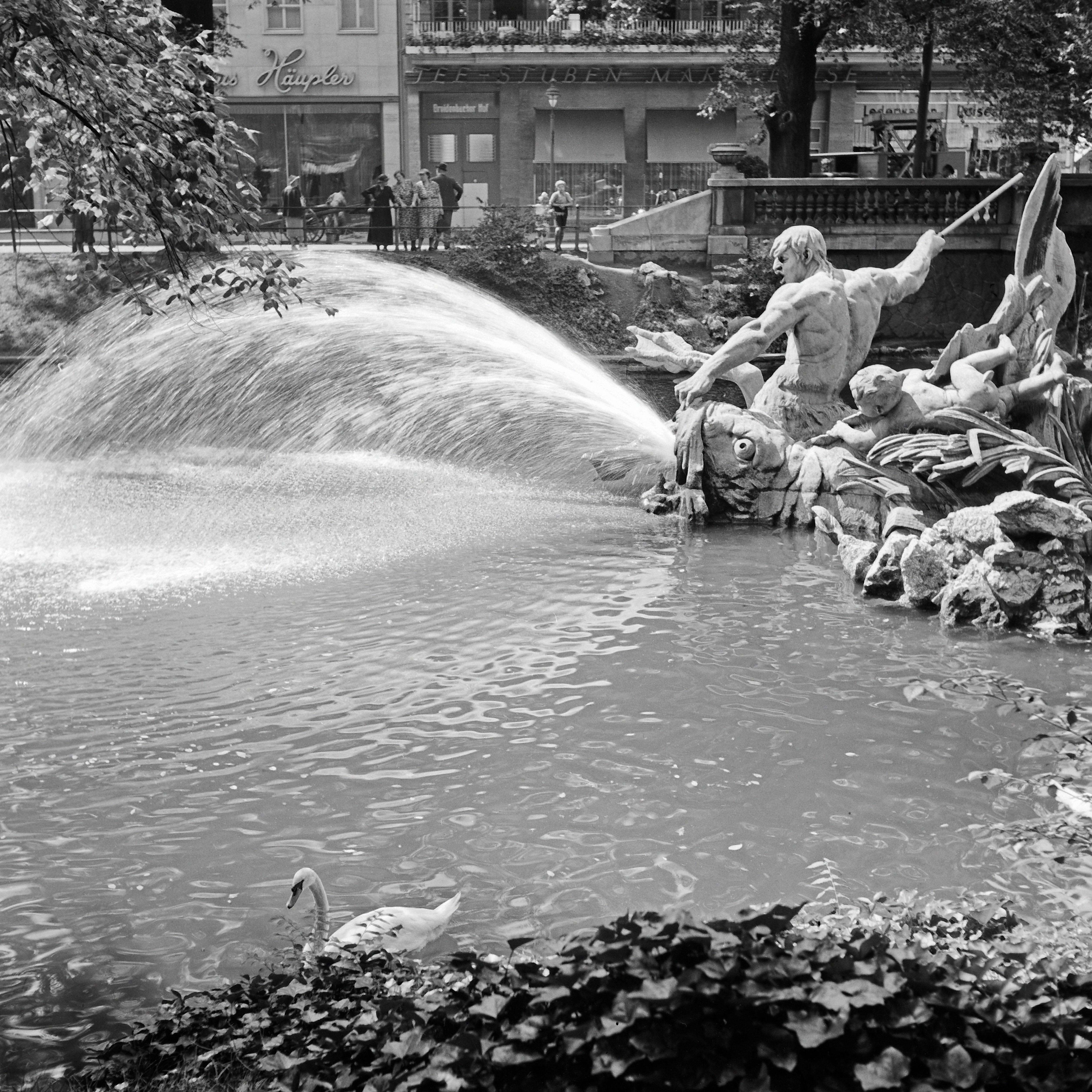 Karl Heinrich Lämmel Black and White Photograph - Tritons fountain at Koenigsallee avenue Duesseldorf, Germany 1937 Printed Later 