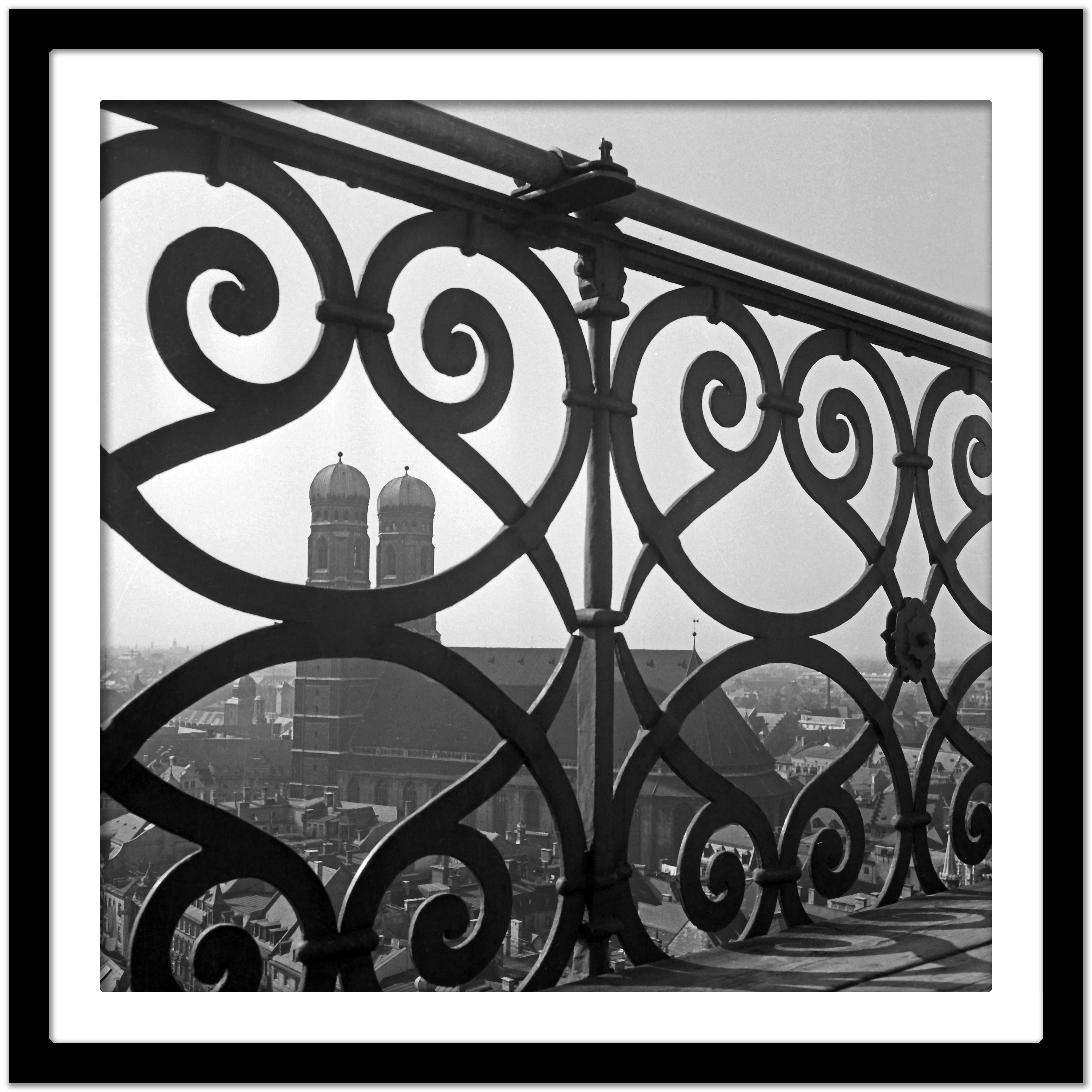 View to Munich Frauenkirche church with railing, Germany 1938, Printed Later - Modern Photograph by Karl Heinrich Lämmel