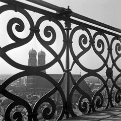 View to Munich Frauenkirche church with railing, Germany 1938, Printed Later