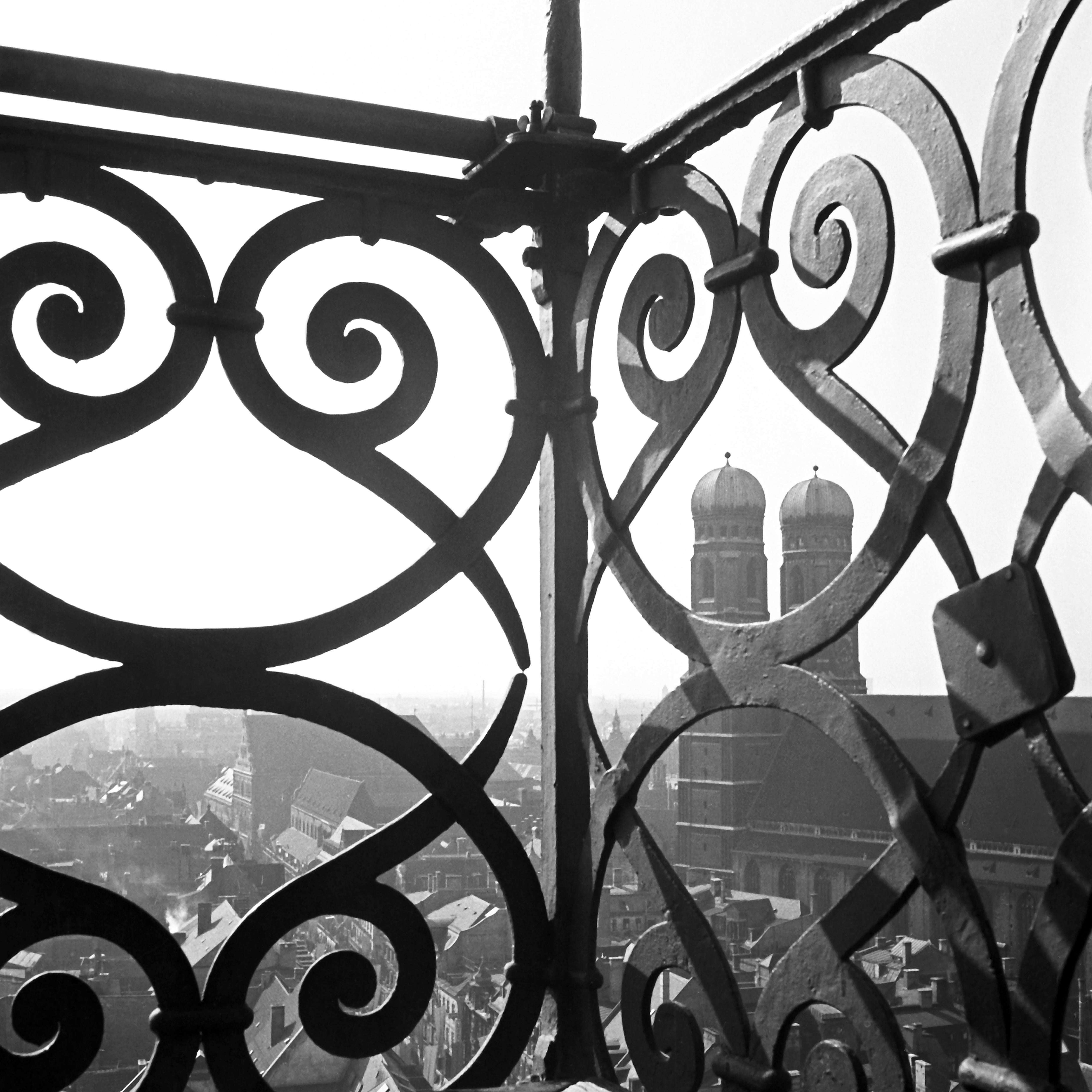 Karl Heinrich Lämmel Black and White Photograph - View to Munich Frauenkirche church with railing, Germany 1938, Printed Later