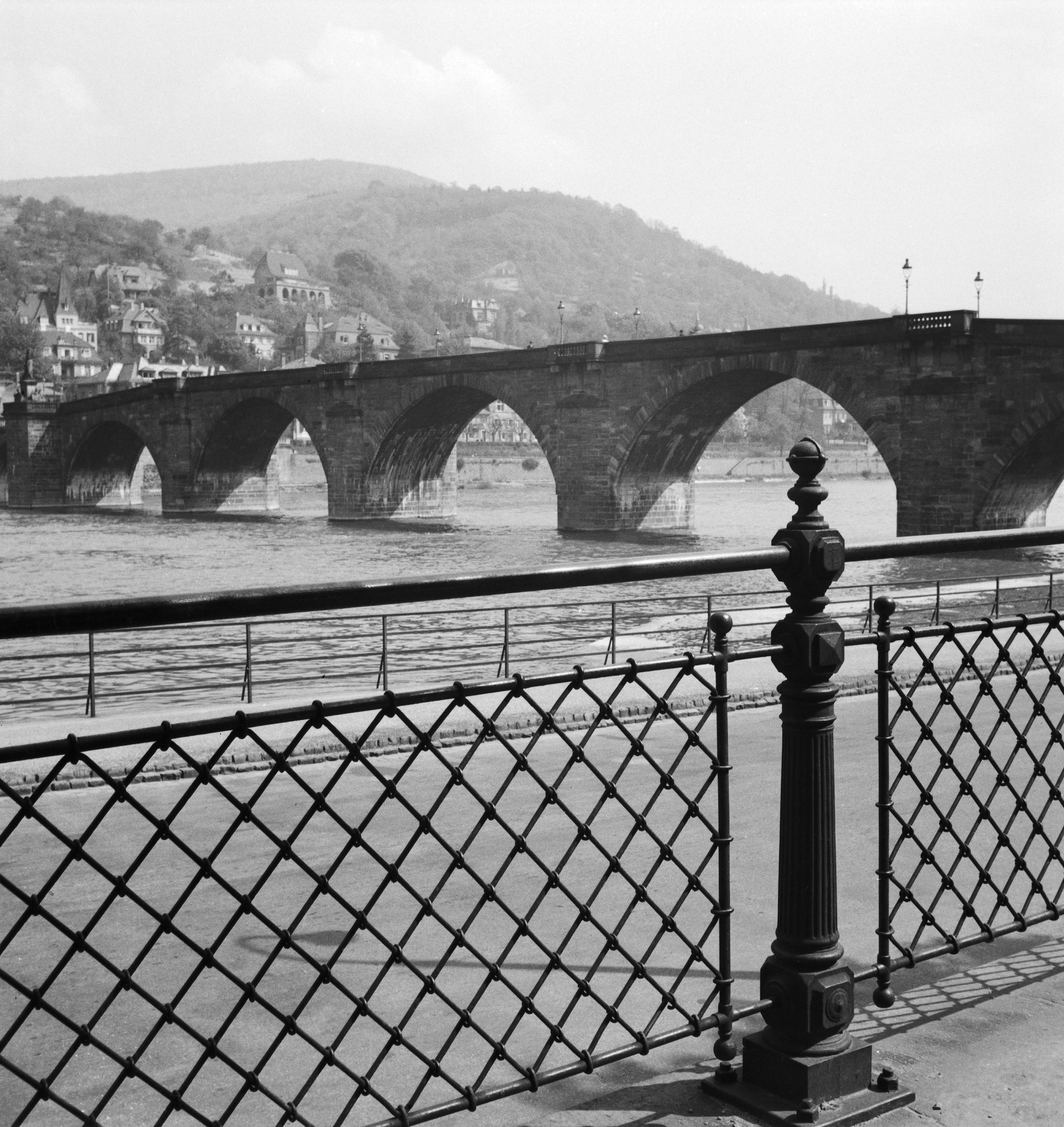 Karl Heinrich Lämmel Black and White Photograph - View to old bridge over river Neckar at Heidelberg, Germany 1936, Printed Later 